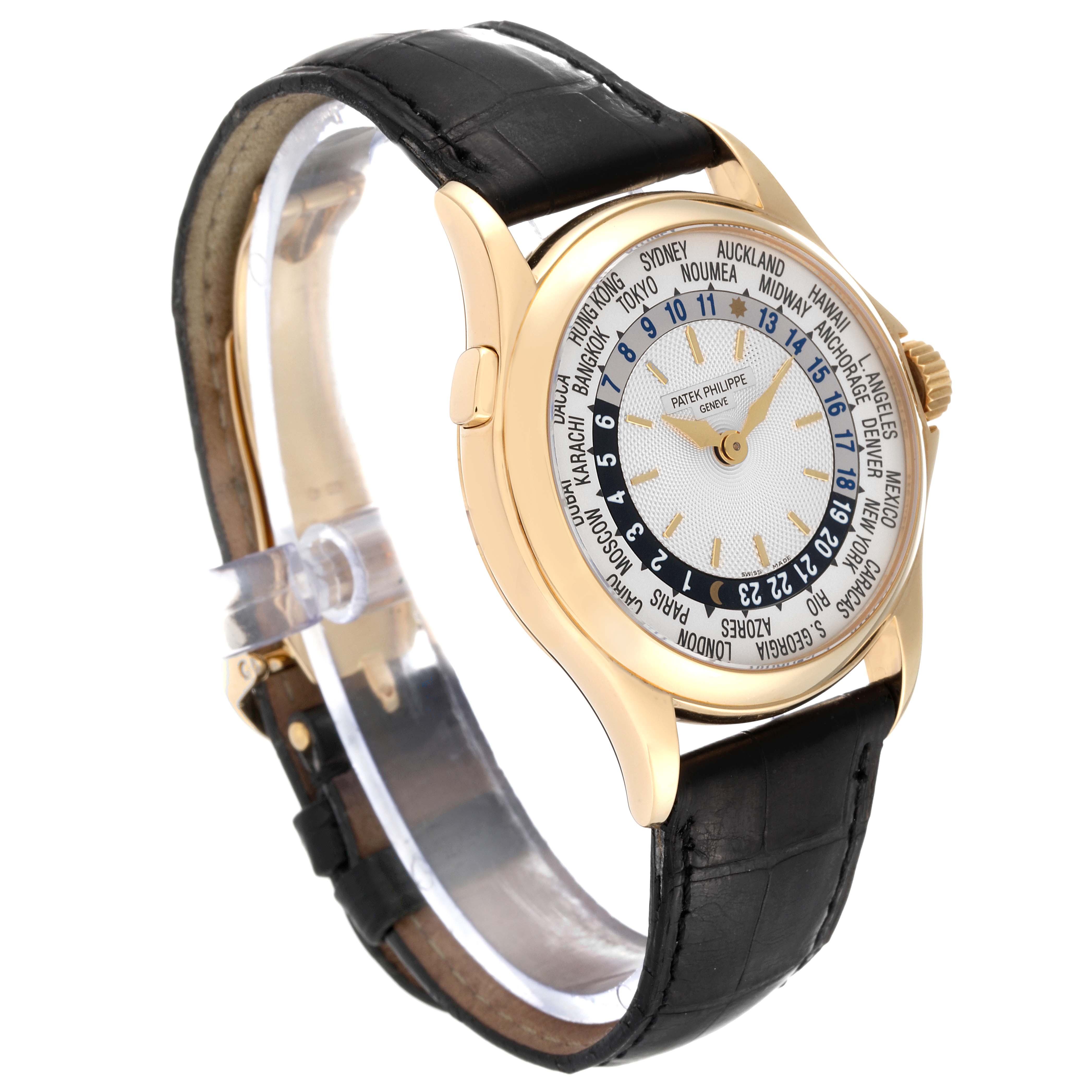 The Patek Philippe Complications 5110J-001 Men's Yellow Gold Silver Dial 5110J-001 Men's Yellow Gold Silver Dial watch is shown at a 3/4 angle, highlighting its face, bezel, and strap.