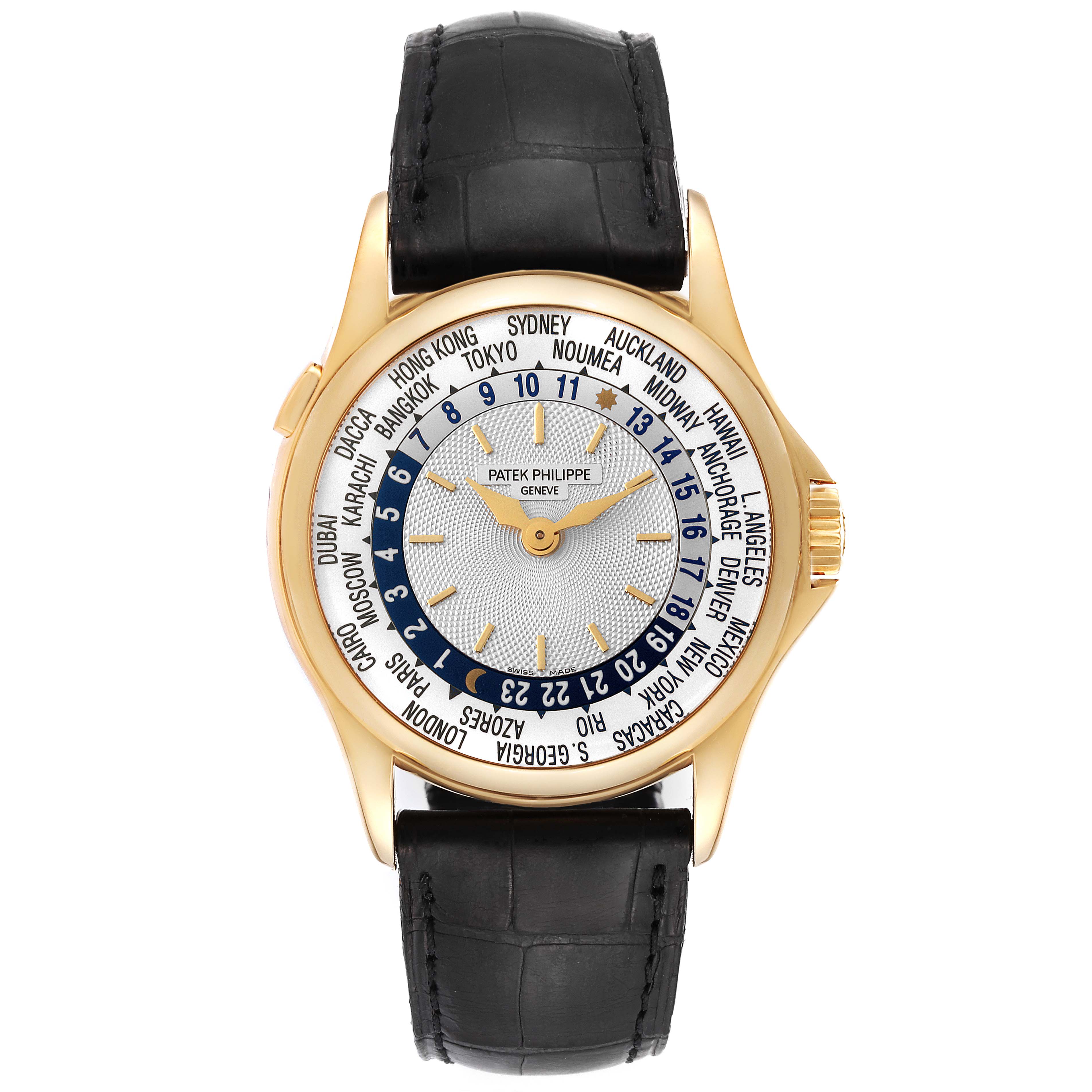 The Patek Philippe Complications 5110J-001 Men's Yellow Gold Silver Dial 5110J-001 Men's Yellow Gold Silver Dial watch is shown from a top-down angle, highlighting its dial, bezel, and black leather strap.