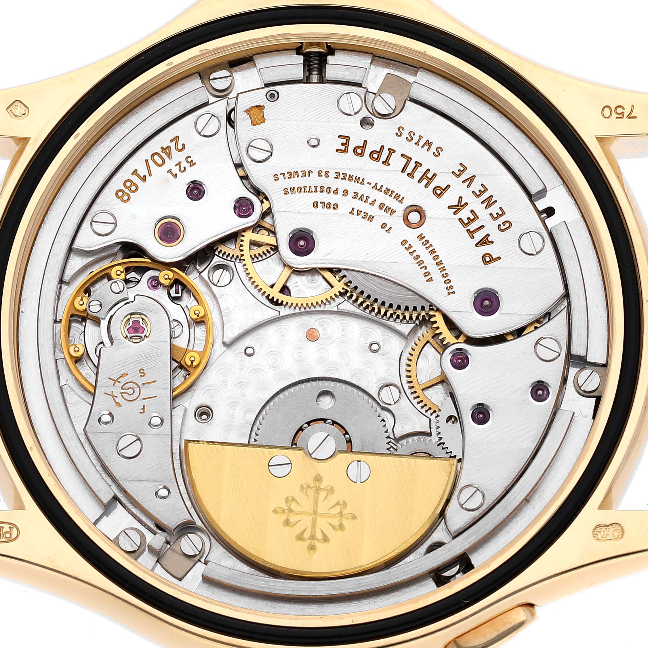 The image shows the back view of the movement and inner workings of a Patek Philippe Complications 5110J-001 Men's Yellow Gold Silver Dial 5110J-001 Men's Yellow Gold Silver Dial model watch.