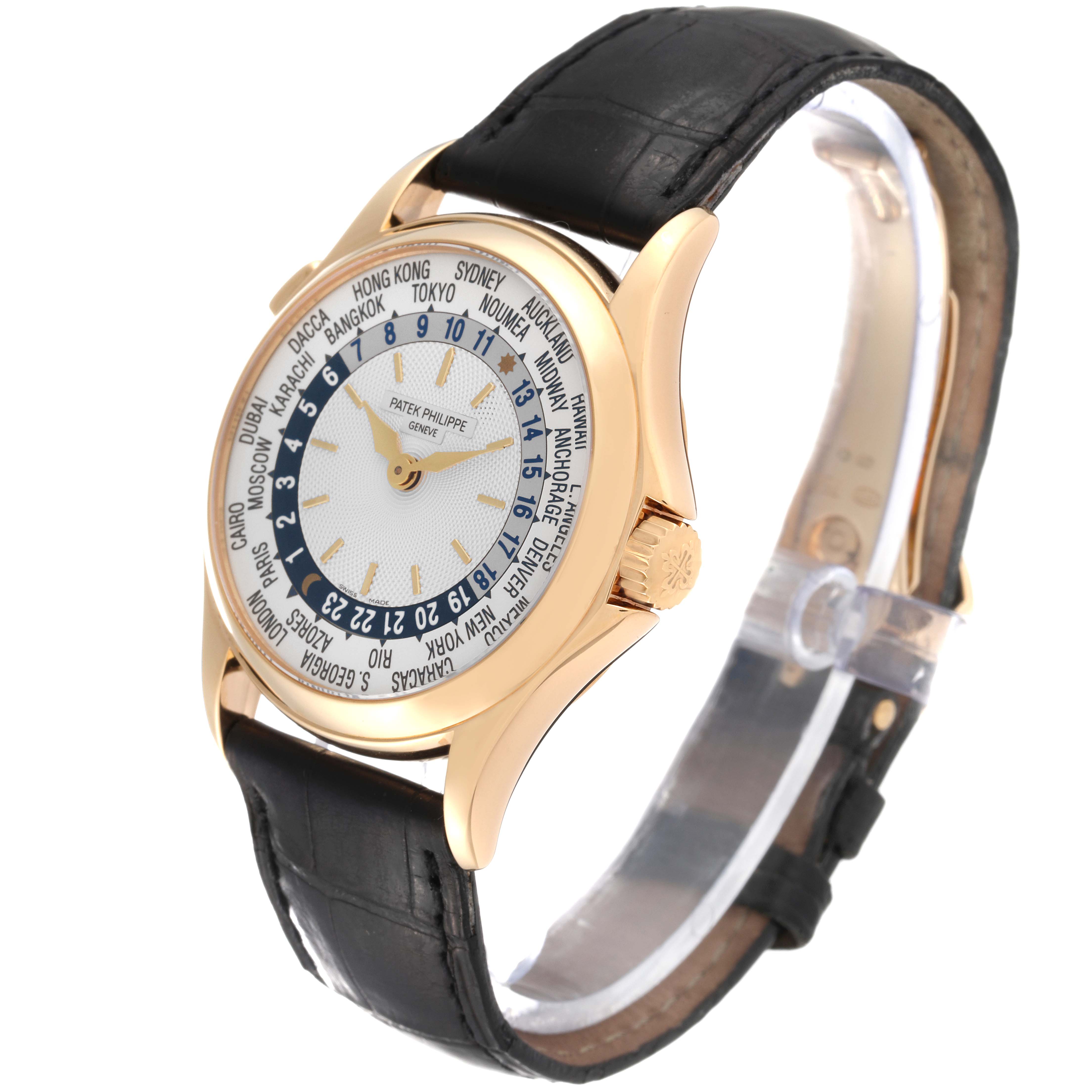 This image shows a Patek Philippe Complications 5110J-001 Men's Yellow Gold Silver Dial 5110J-001 Men's Yellow Gold Silver Dial model watch at a three-quarter angle, highlighting the dial, bezel, crown, and leather strap.