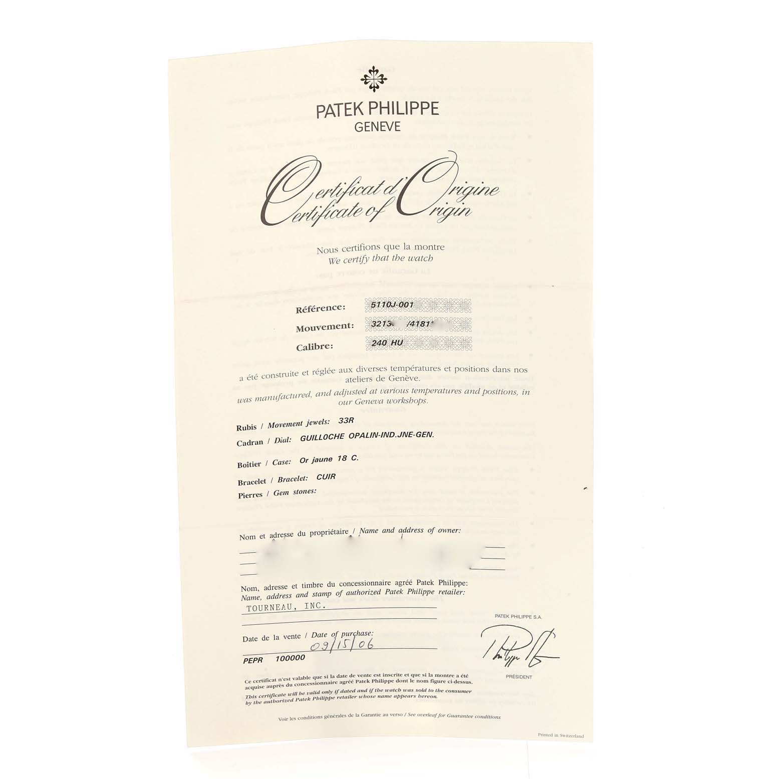 The image shows the Certificate of Origin for a Patek Philippe Complications 5110J-001 Men's Yellow Gold Silver Dial 5110J-001 Men's Yellow Gold Silver Dial model watch.