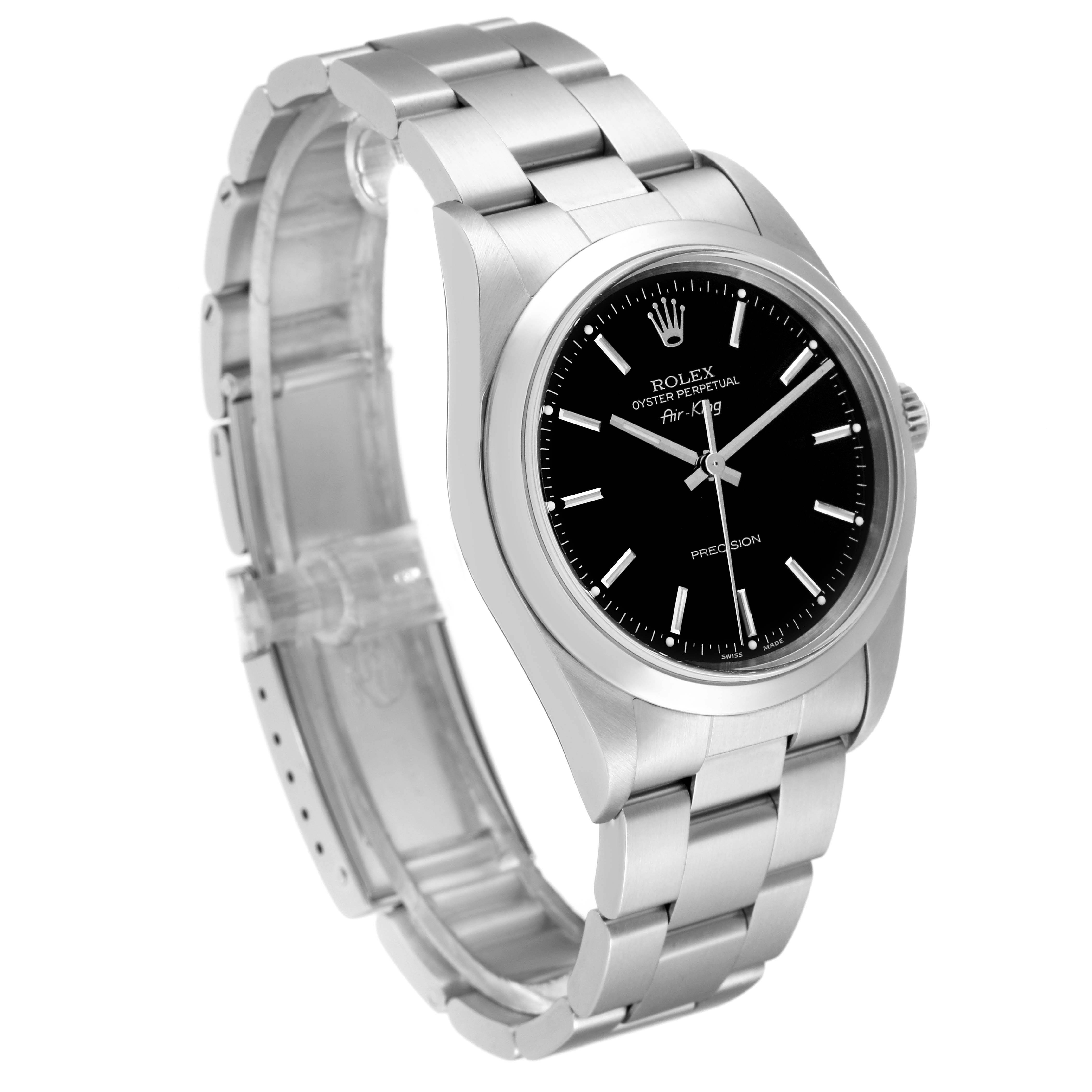 The Rolex Air-King 14000 Men's Stainless Steel Black Dial 14000 Men's Stainless Steel Black Dial watch is shown at a slight angle, displaying its face, bezel, crown, and bracelet.