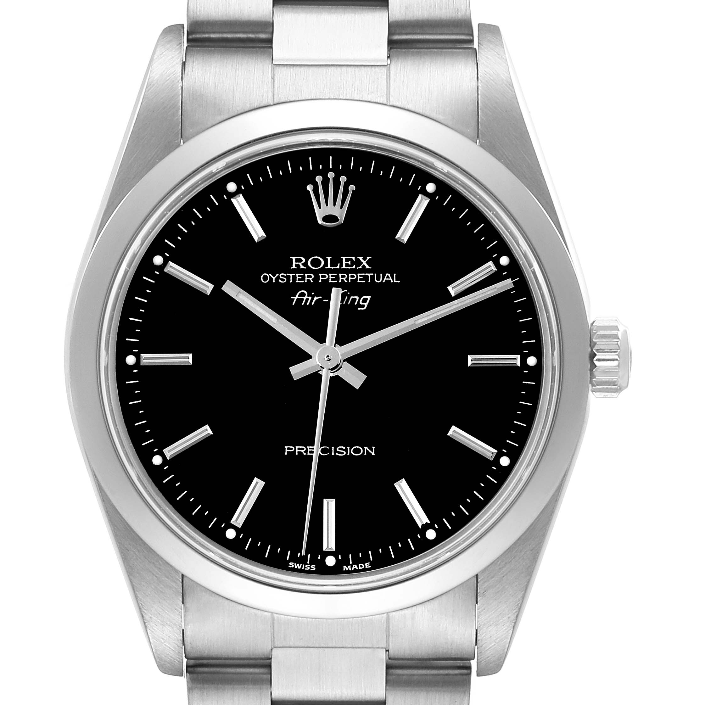 This image shows a front view of the Rolex Air-King 14000 Men's Stainless Steel Black Dial 14000 Men's Stainless Steel Black Dial watch, displaying its black dial, hour markers, crown, and bracelet.