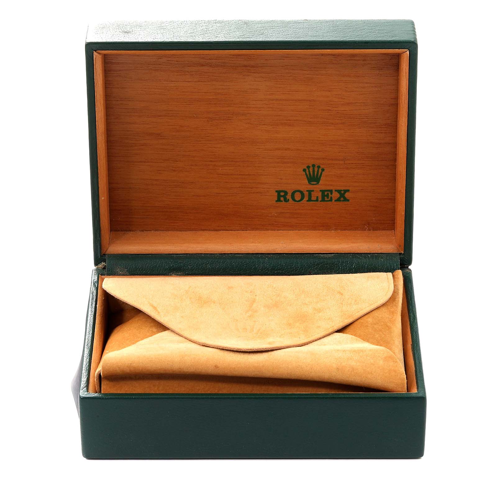 The image shows an open Rolex Air-King 14000 Men's Stainless Steel Black Dial 14000 Men's Stainless Steel Black Dial watch box with a closed suede pouch inside.