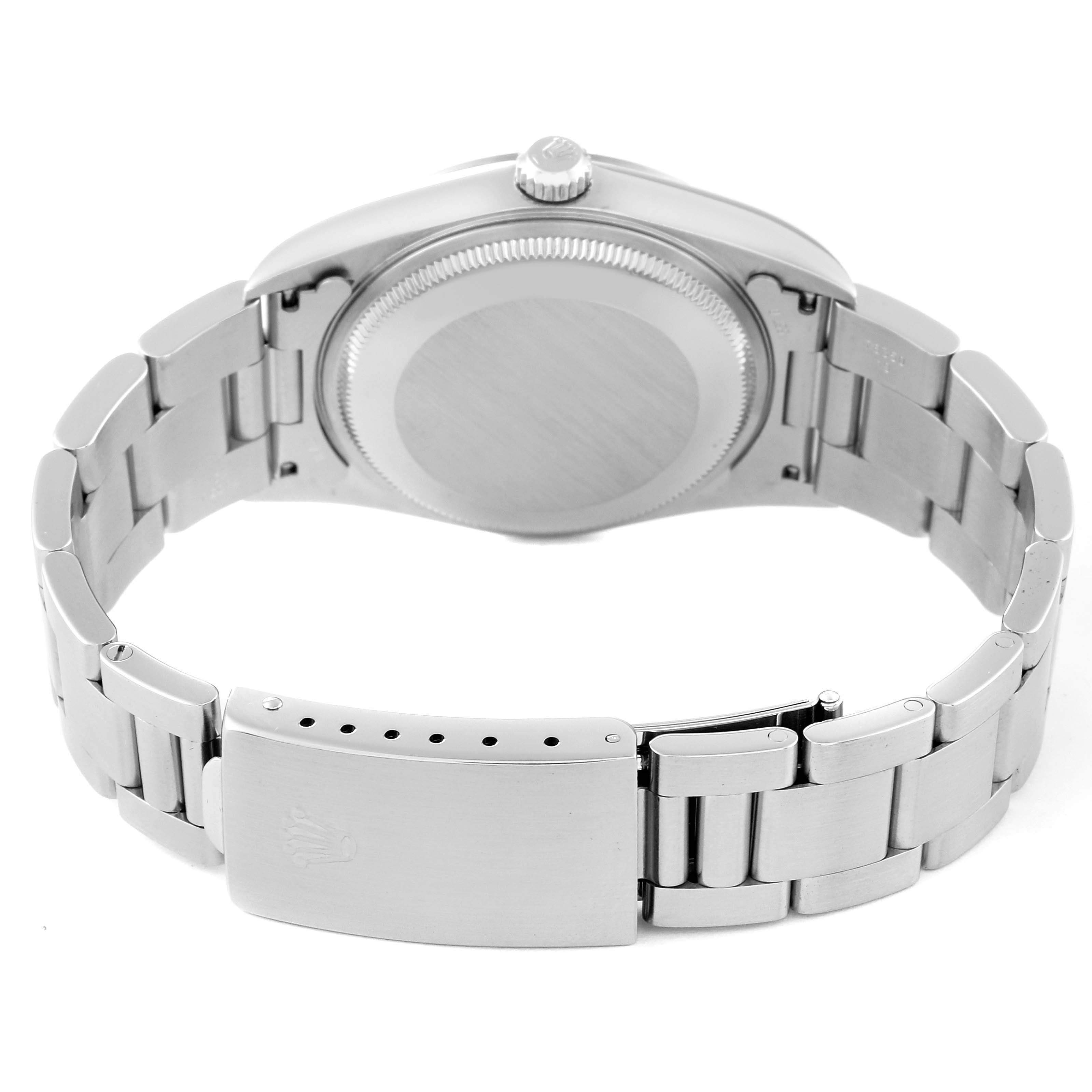 This image shows the back view of a Rolex Air-King 14000 Men's Stainless Steel Black Dial 14000 Men's Stainless Steel Black Dial watch, highlighting the case back, crown, and clasp of the metal bracelet.