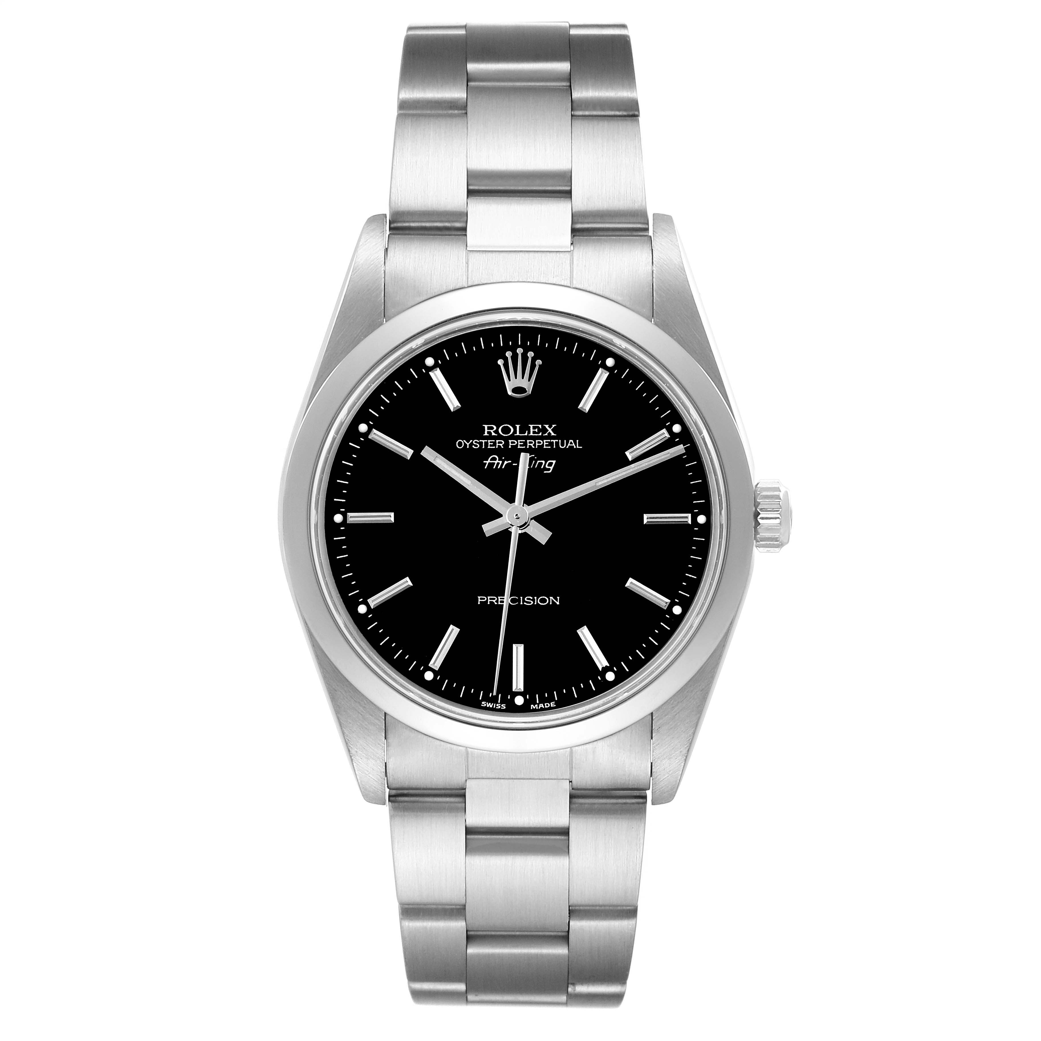 The Rolex Air-King 14000 Men's Stainless Steel Black Dial 14000 Men's Stainless Steel Black Dial watch is shown from the front, displaying the dial, bezel, case, and bracelet.