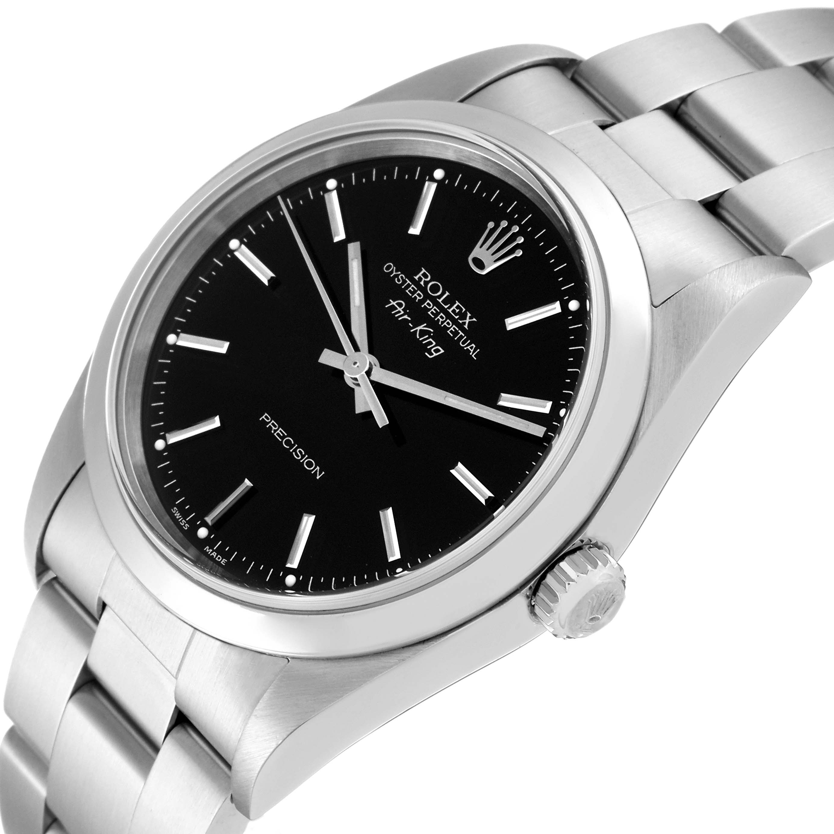 The image shows a Rolex Air-King 14000 Men's Stainless Steel Black Dial 14000 Men's Stainless Steel Black Dial watch at an angled view, highlighting the dial, bezel, crown, and part of the bracelet.