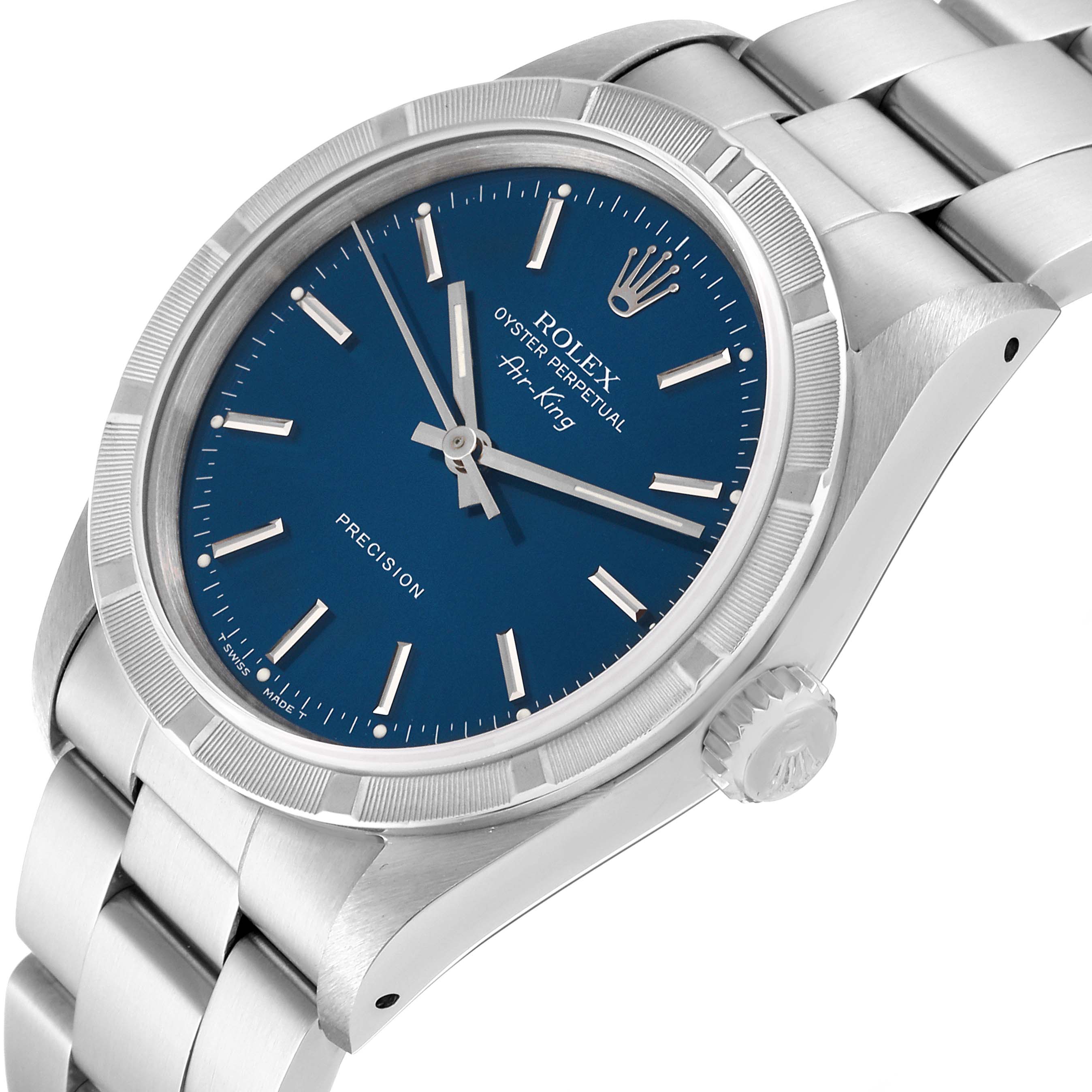 This image shows a Rolex Air-King 14010 Men's Stainless Steel Blue Dial 14010 Men's Stainless Steel Blue Dial watch at an angled side view, highlighting the dial, bezel, and bracelet.