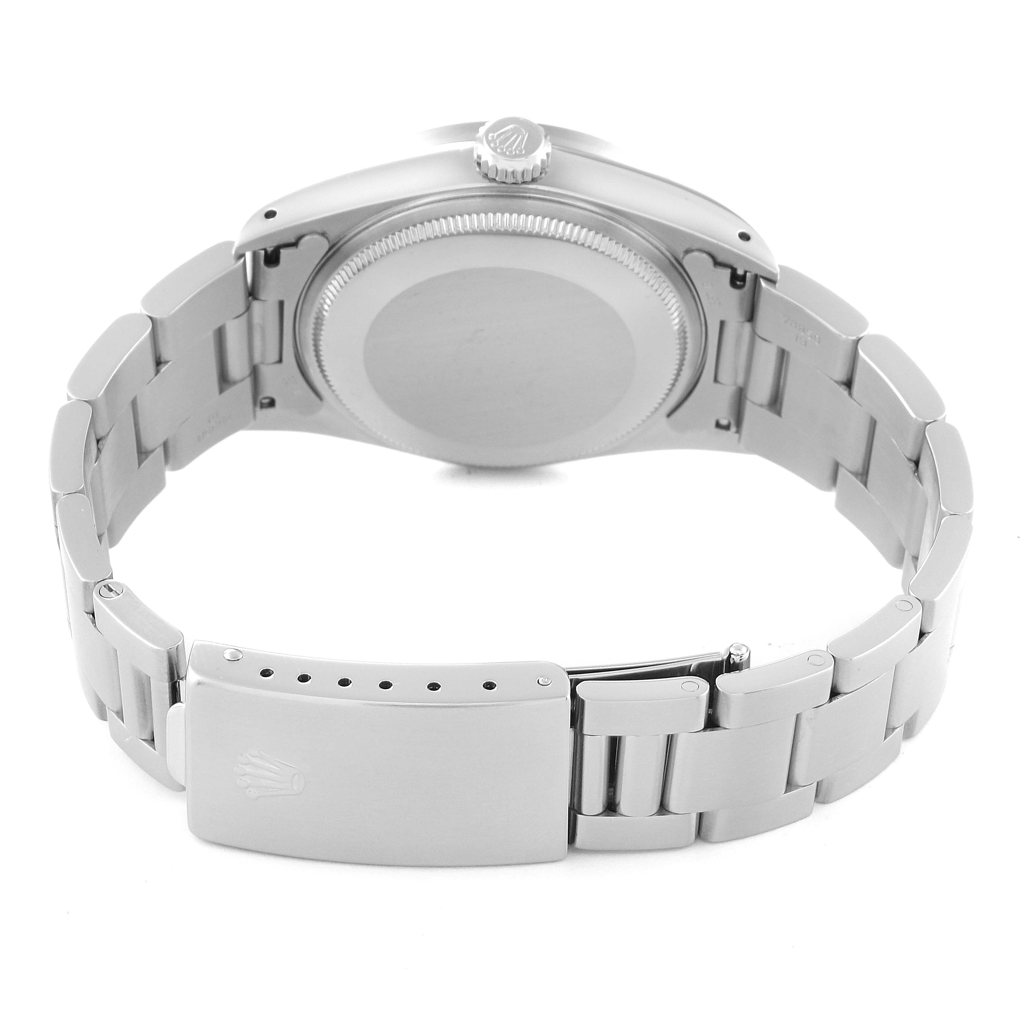 The image shows the back view and bracelet of a Rolex Air-King 14010 Men's Stainless Steel Blue Dial 14010 Men's Stainless Steel Blue Dial watch, including the case back and clasp.