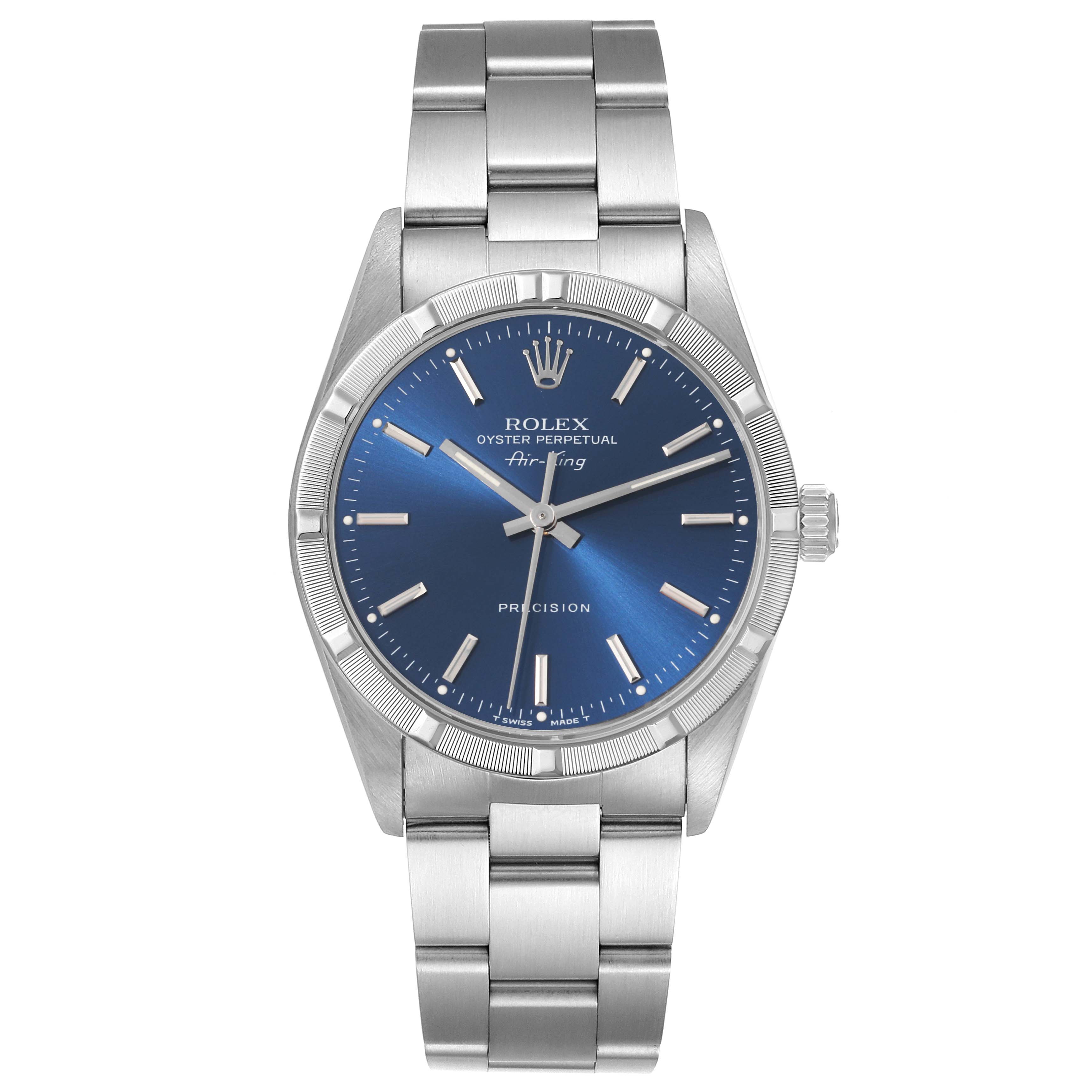 The image shows a front view of a Rolex Air-King 14010 Men's Stainless Steel Blue Dial 14010 Men's Stainless Steel Blue Dial watch, detailing the blue dial, silver markers, and metal bracelet.