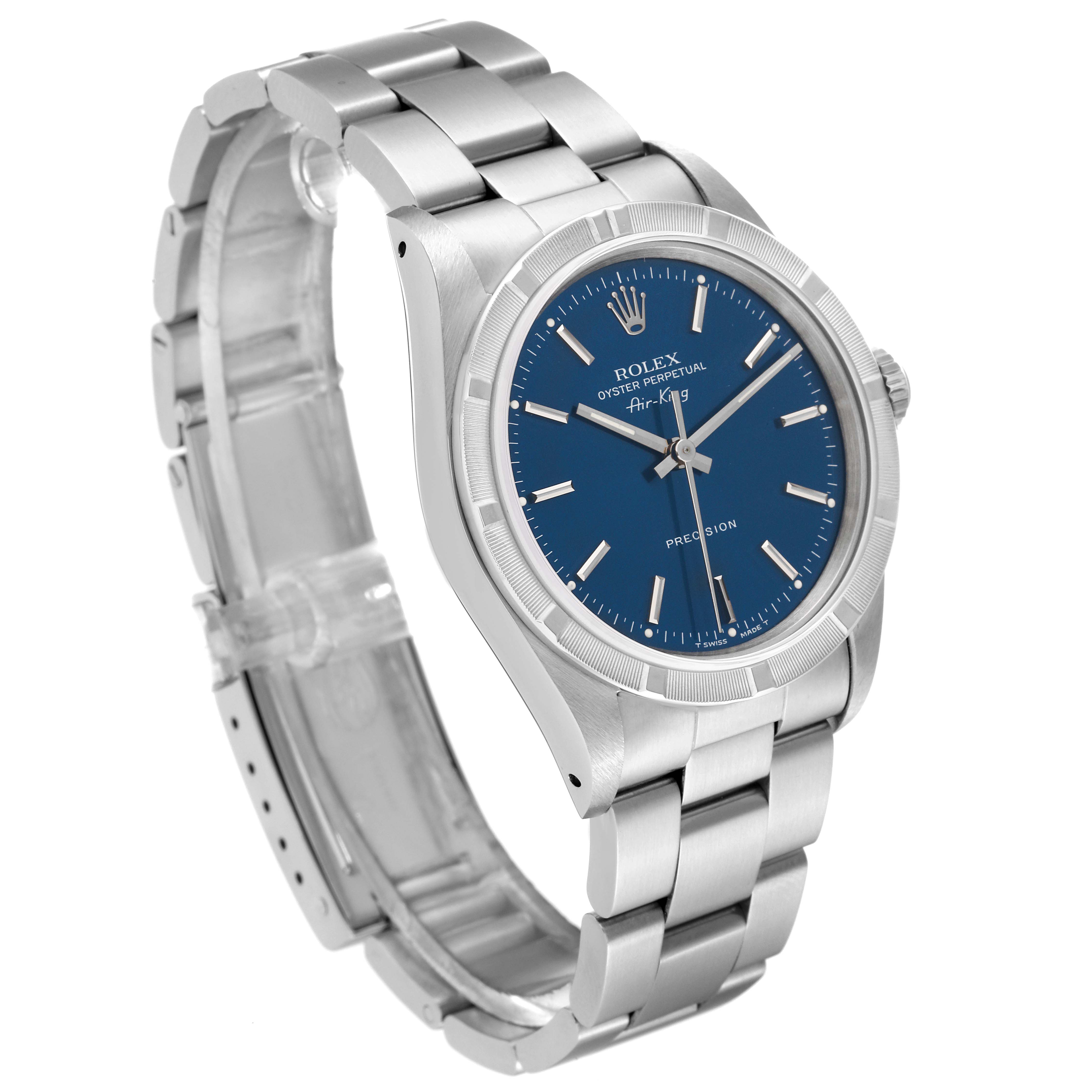 The Rolex Air-King 14010 Men's Stainless Steel Blue Dial 14010 Men's Stainless Steel Blue Dial watch is shown at a slight angle, displaying its blue dial, stainless steel case, and bracelet.