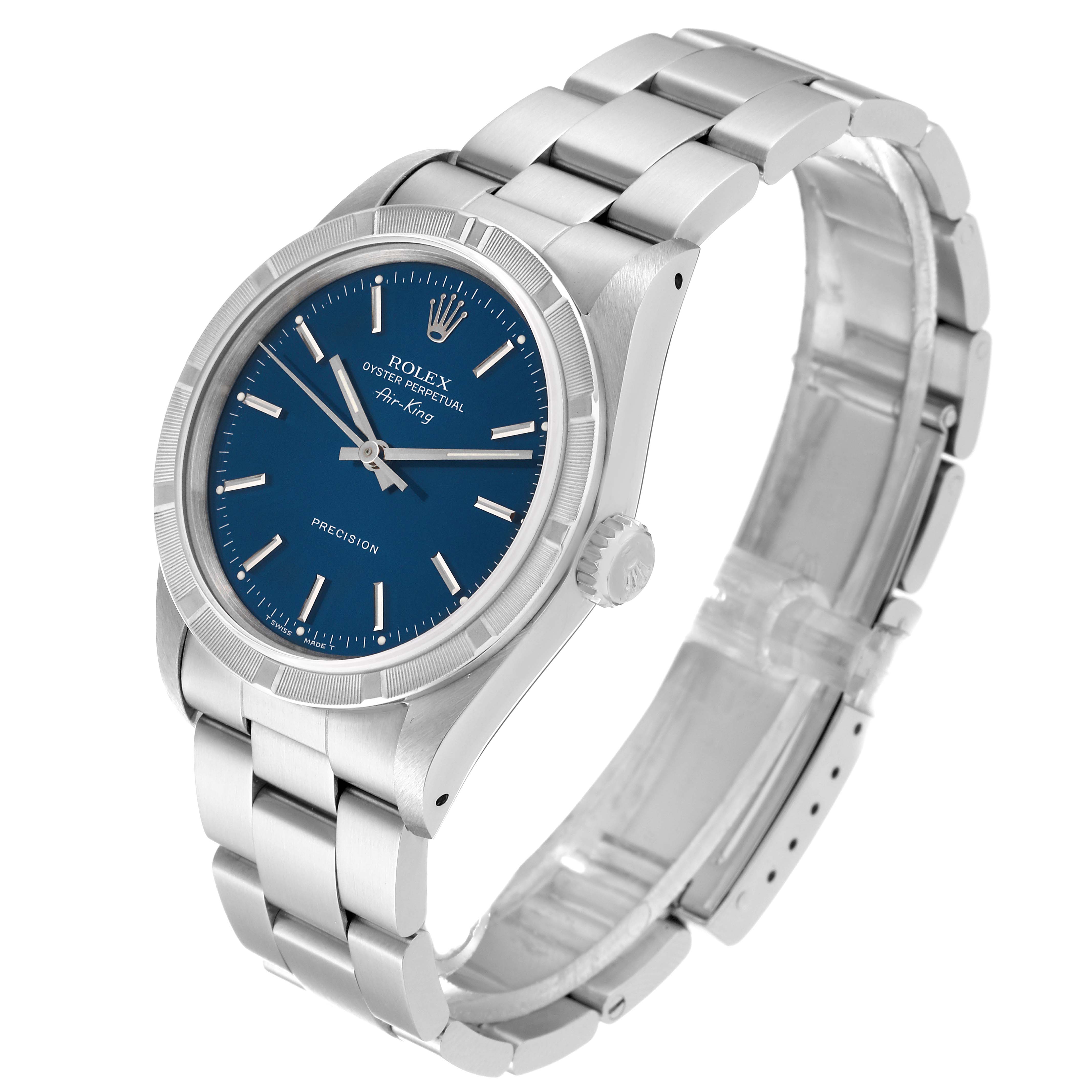 The image shows a side-angle view of a Rolex Air-King 14010 Men's Stainless Steel Blue Dial 14010 Men's Stainless Steel Blue Dial watch displaying its face, crown, and metal bracelet.