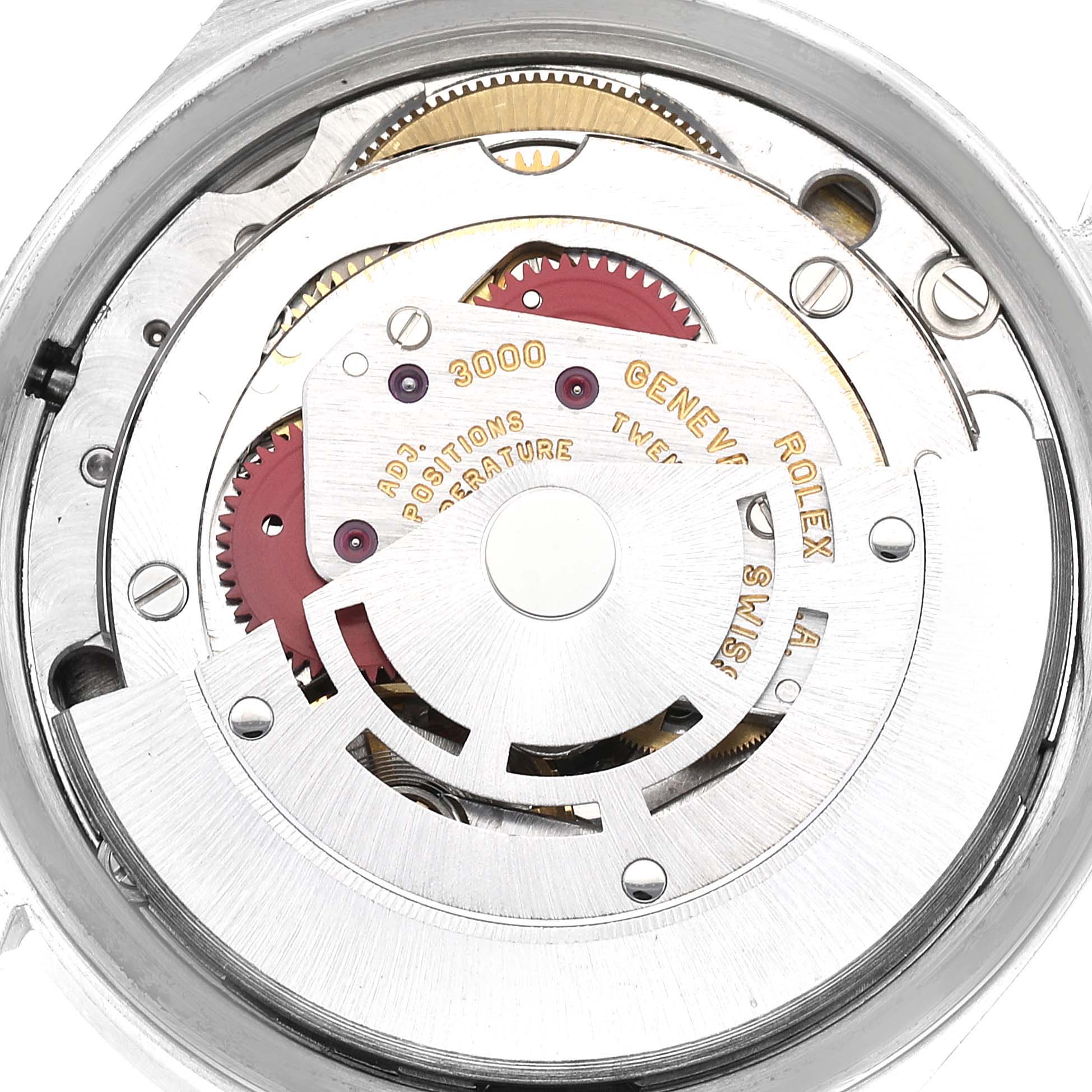 The image shows the internal movement of a Rolex Air-King 14010 Men's Stainless Steel Blue Dial 14010 Men's Stainless Steel Blue Dial watch from a top-down angle, highlighting its intricate gear mechanism.