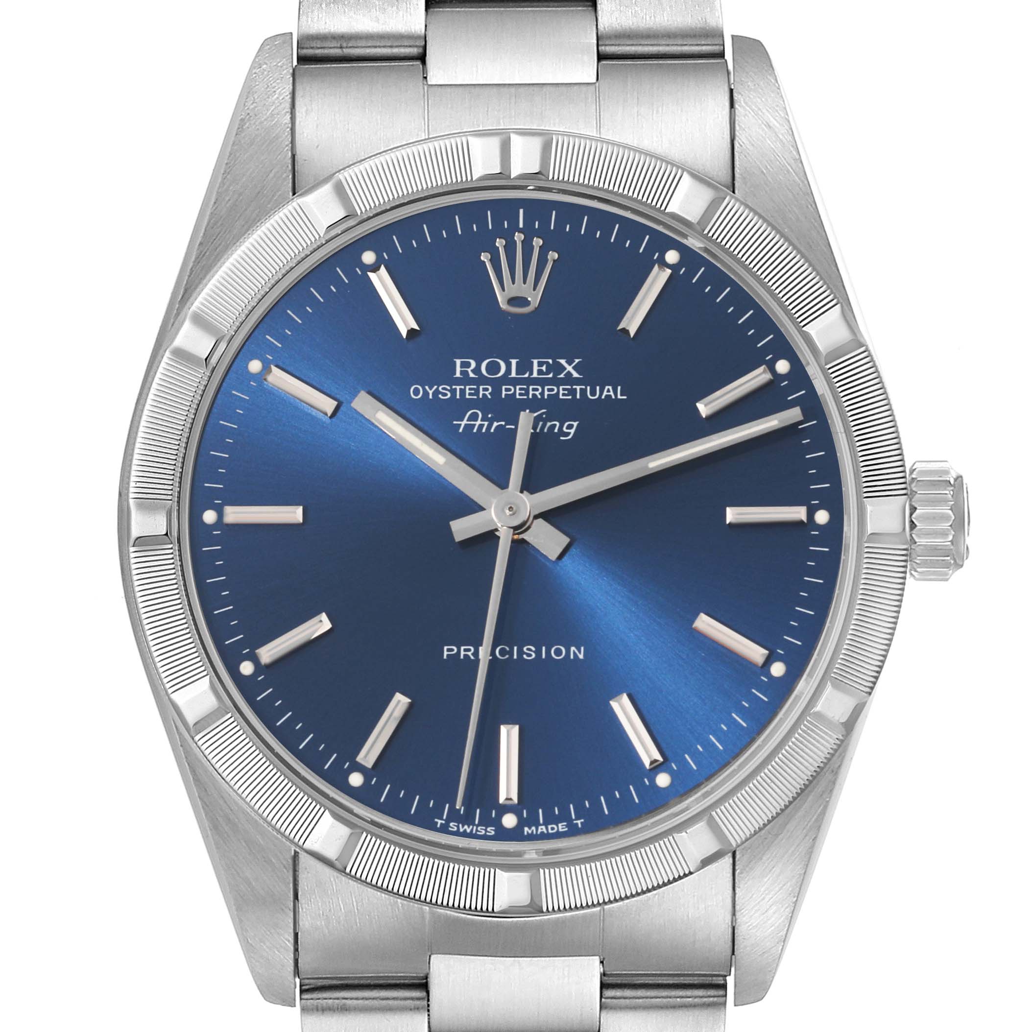 The image shows a front view of the Rolex Air-King 14010 Men's Stainless Steel Blue Dial 14010 Men's Stainless Steel Blue Dial watch, highlighting its blue dial, bezel, and stainless steel bracelet.