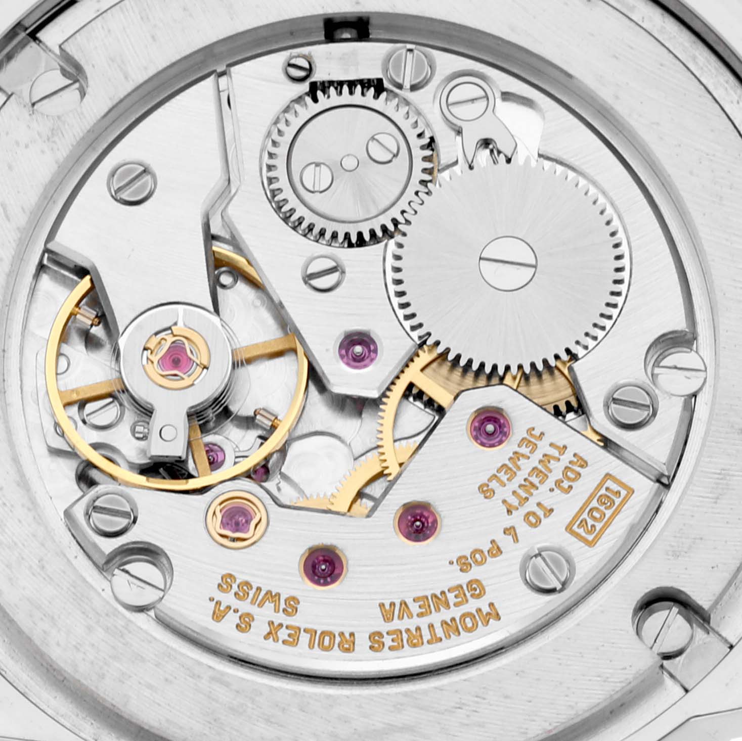 The image shows the intricate movement mechanism of a Rolex Cellini 5116/9 Men's White Gold Grey Dial 5116/9 Men's White Gold Grey Dial watch from a close-up, angled view.