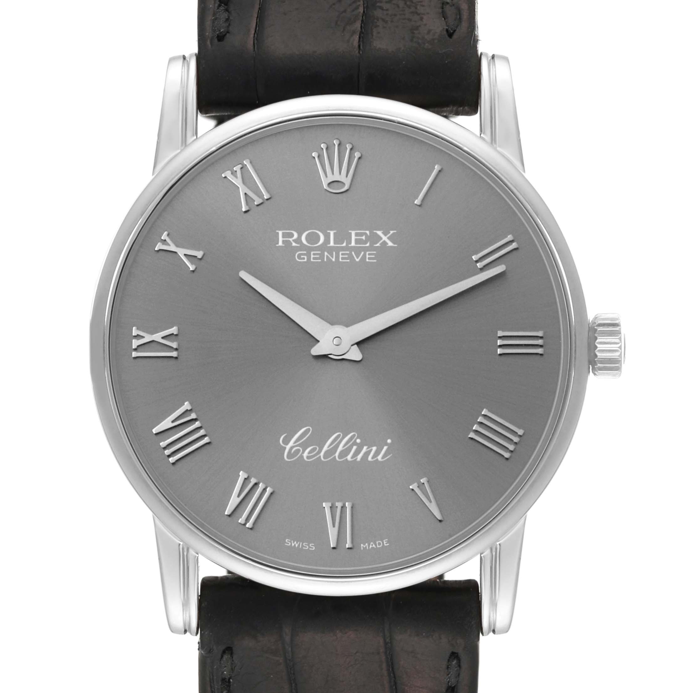 The image shows a front view of the Rolex Cellini 5116/9 Men's White Gold Grey Dial 5116/9 Men's White Gold Grey Dial watch, featuring its dial, hands, Roman numerals, crown, and part of the strap.