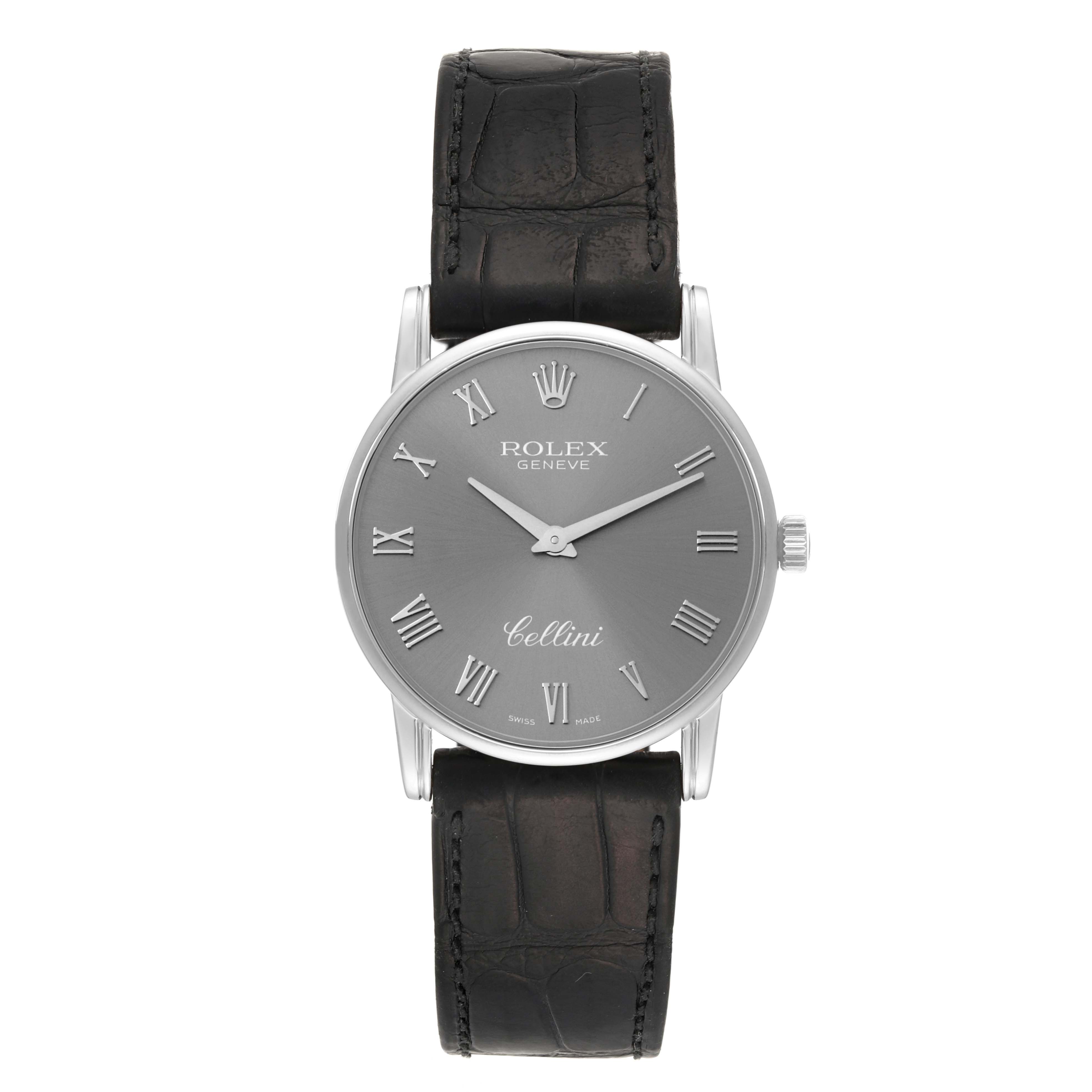 The Rolex Cellini 5116/9 Men's White Gold Grey Dial 5116/9 Men's White Gold Grey Dial watch is shown from the front, displaying its dial, hands, roman numerals, and leather strap.