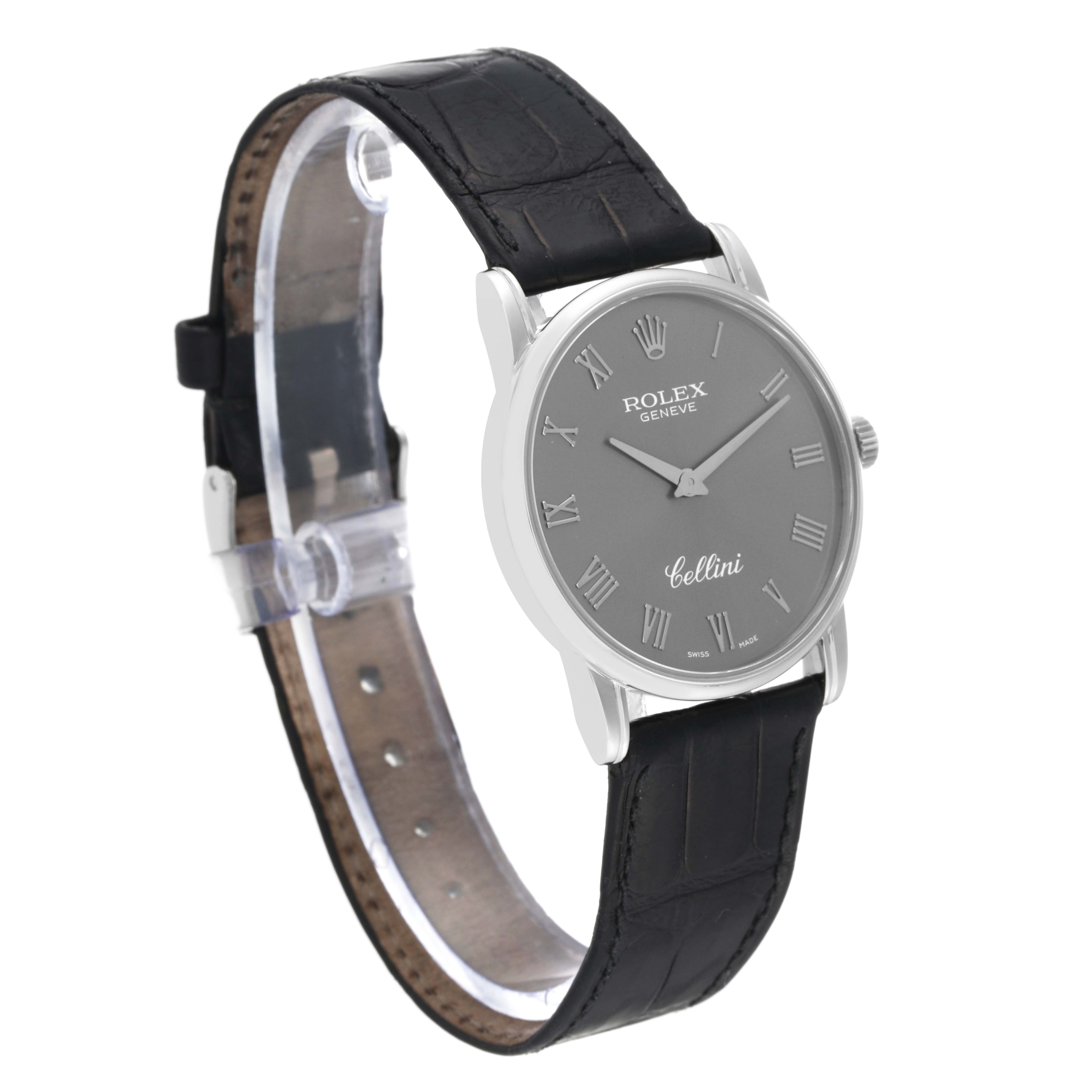 The image shows a side angle of the Rolex Cellini 5116/9 Men's White Gold Grey Dial 5116/9 Men's White Gold Grey Dial watch, clearly displaying the dial and leather strap.