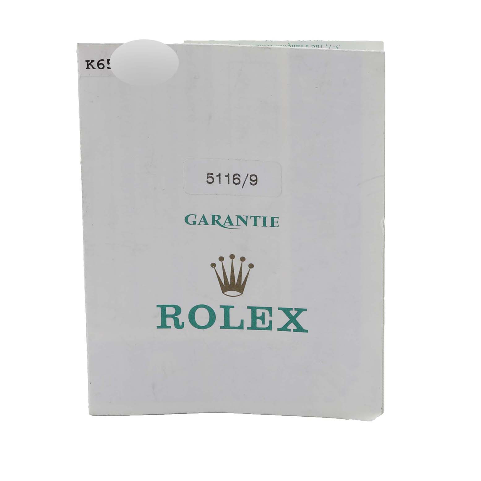 The image shows the warranty booklet for the Rolex Cellini 5116/9 Men's White Gold Grey Dial 5116/9 Men's White Gold Grey Dial model, featuring the Rolex logo and model number 5116/9.