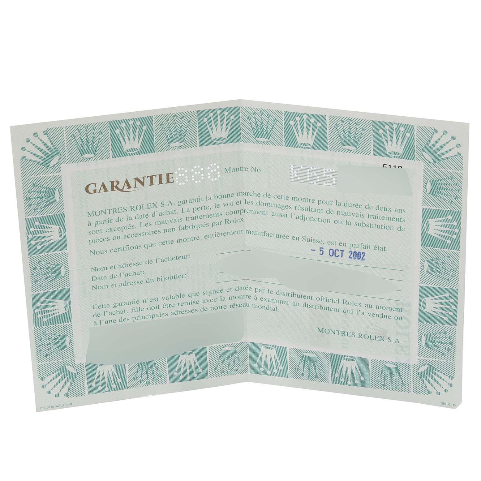 The image shows a warranty certificate for a Rolex Cellini 5116/9 Men's White Gold Grey Dial 5116/9 Men's White Gold Grey Dial watch, captured from a straight-on angle.