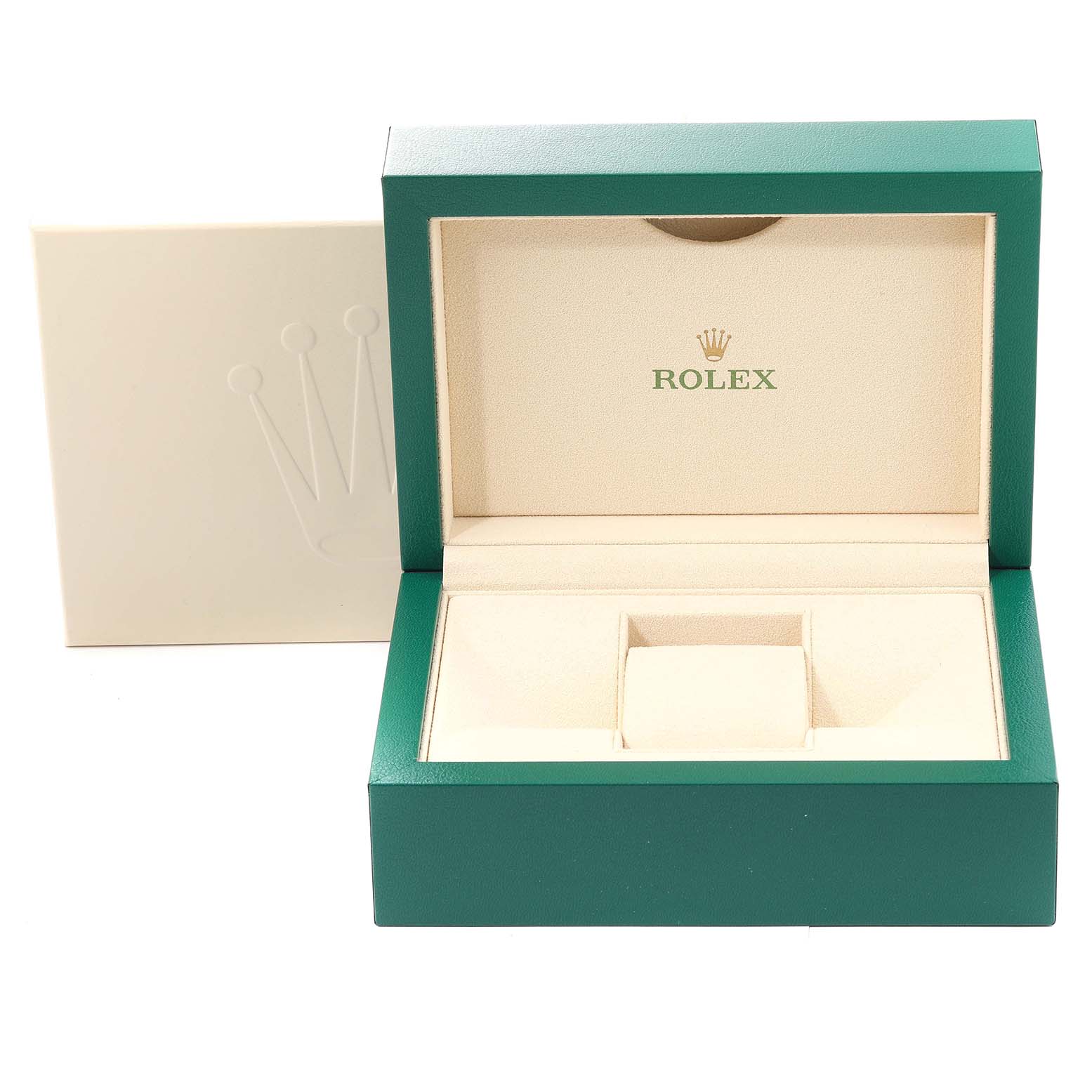 The image shows an open green and cream Rolex watch box, likely for a Daytona model watch, with the brand's logo inside.