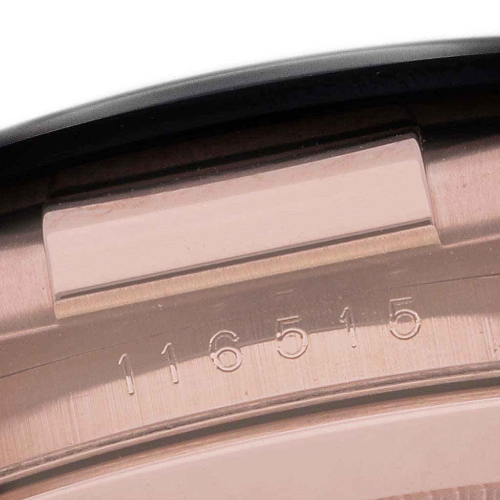 This image shows a close-up of the serial number area on a Rolex Daytona 116515 Men's Rose Gold Black Dial 116515 Men's Rose Gold Black Dial watch.