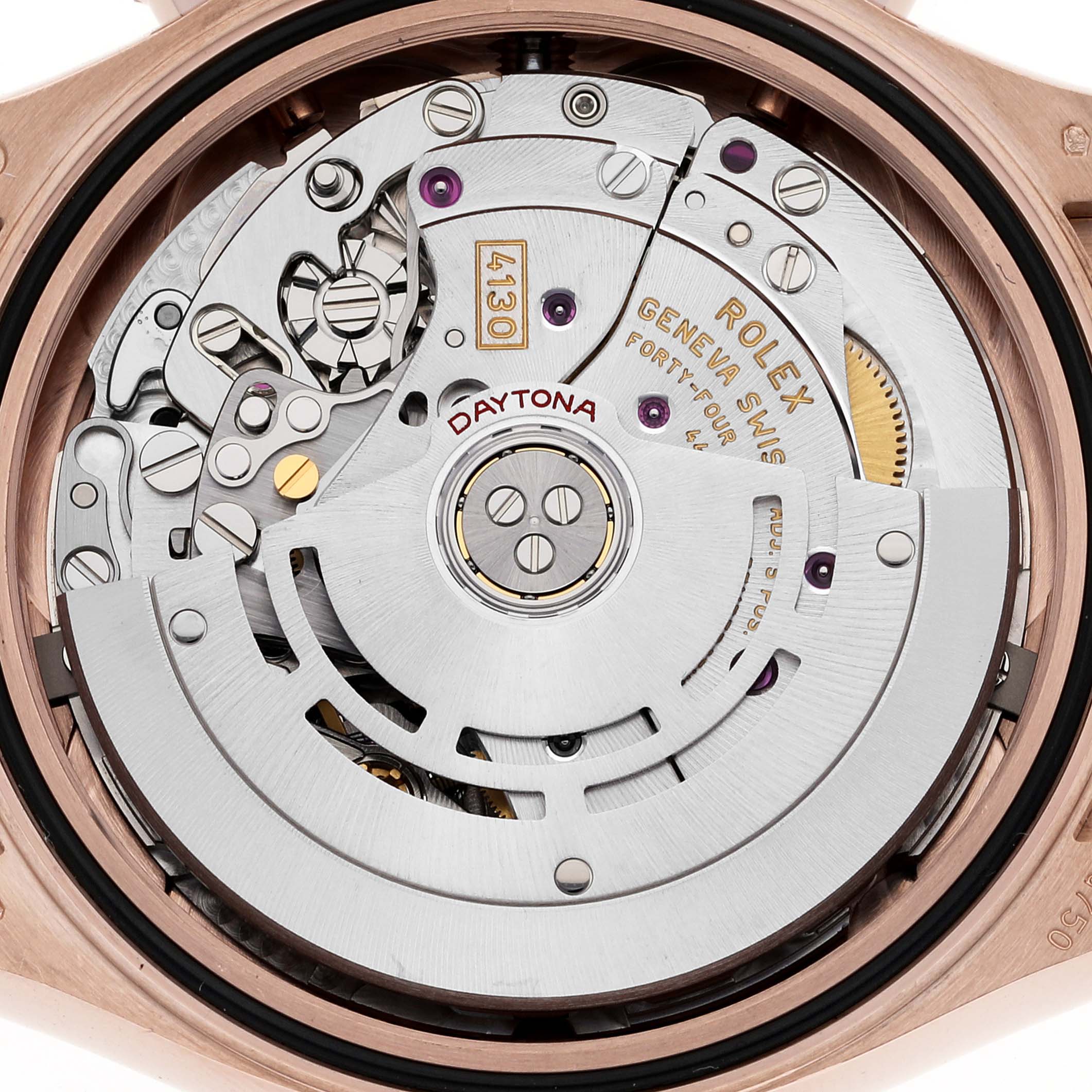 This image shows the intricate movement mechanism of a Rolex Daytona 116515 Men's Rose Gold Black Dial 116515 Men's Rose Gold Black Dial watch viewed from the back.