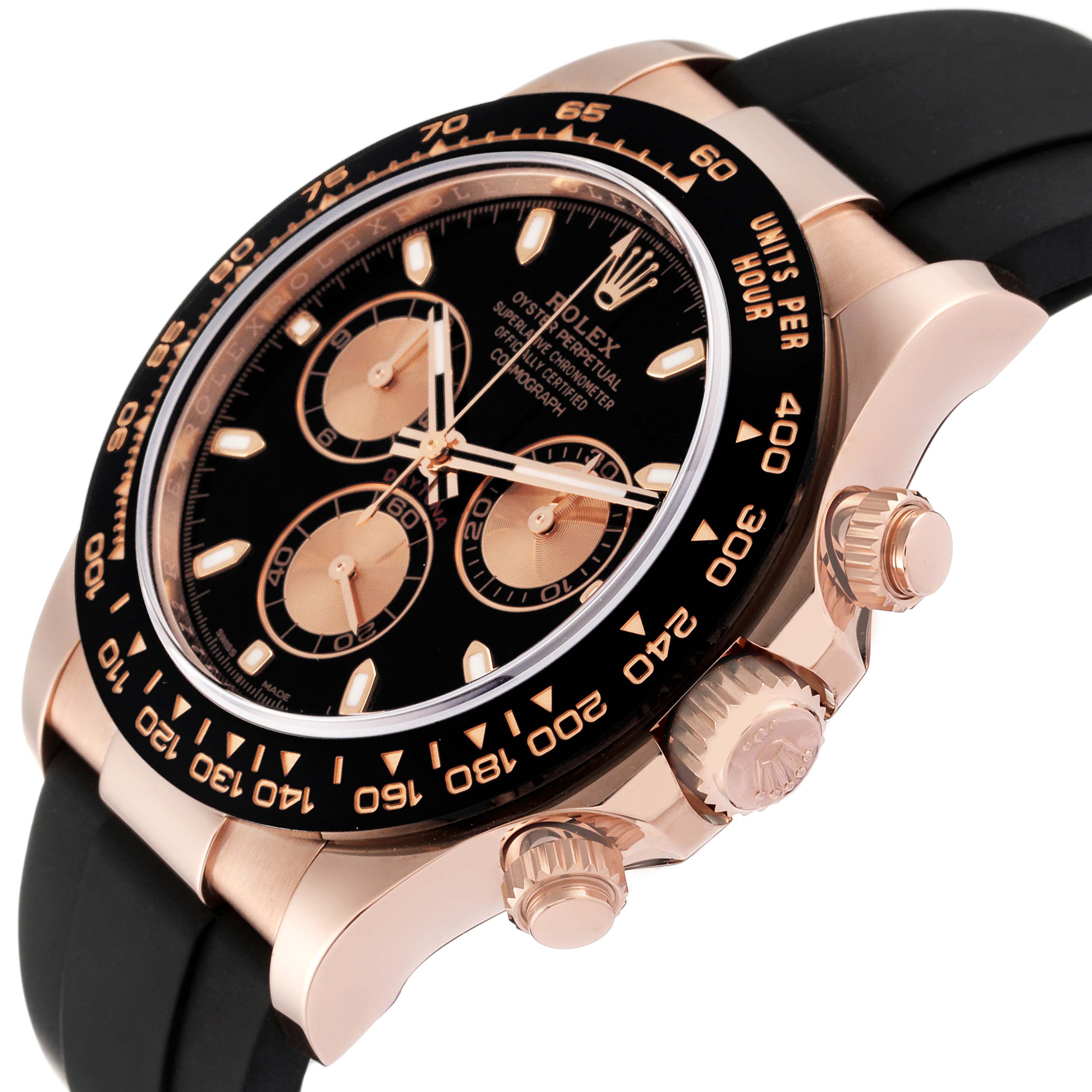 This image shows a close-up angled view of the face, pushers, and crown of a Rolex Daytona 116515 Men's Rose Gold Black Dial 116515 Men's Rose Gold Black Dial watch.