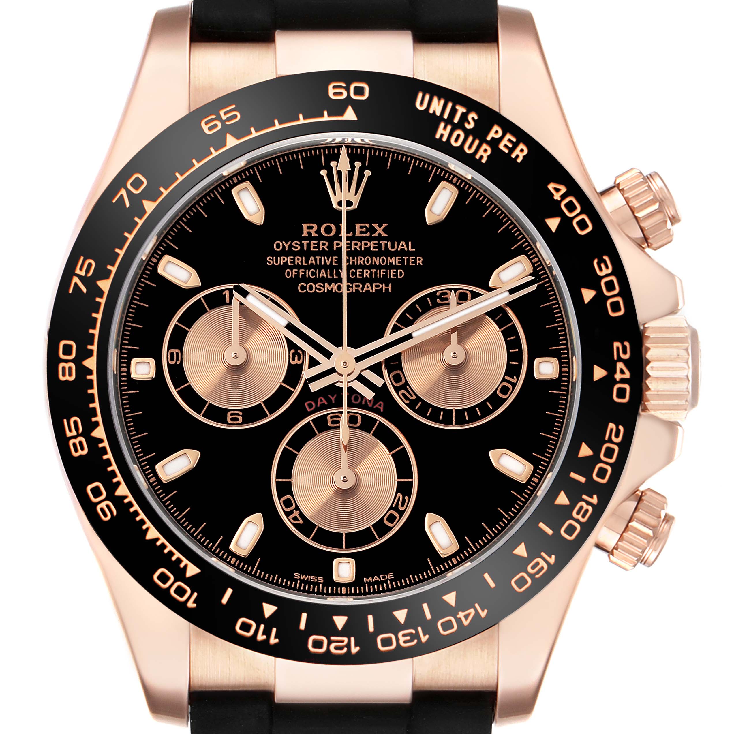 The image shows a frontal view of a Rolex Daytona 116515 Men's Rose Gold Black Dial 116515 Men's Rose Gold Black Dial watch, highlighting its rose gold case, black bezel with tachymeter, and three sub-dials.