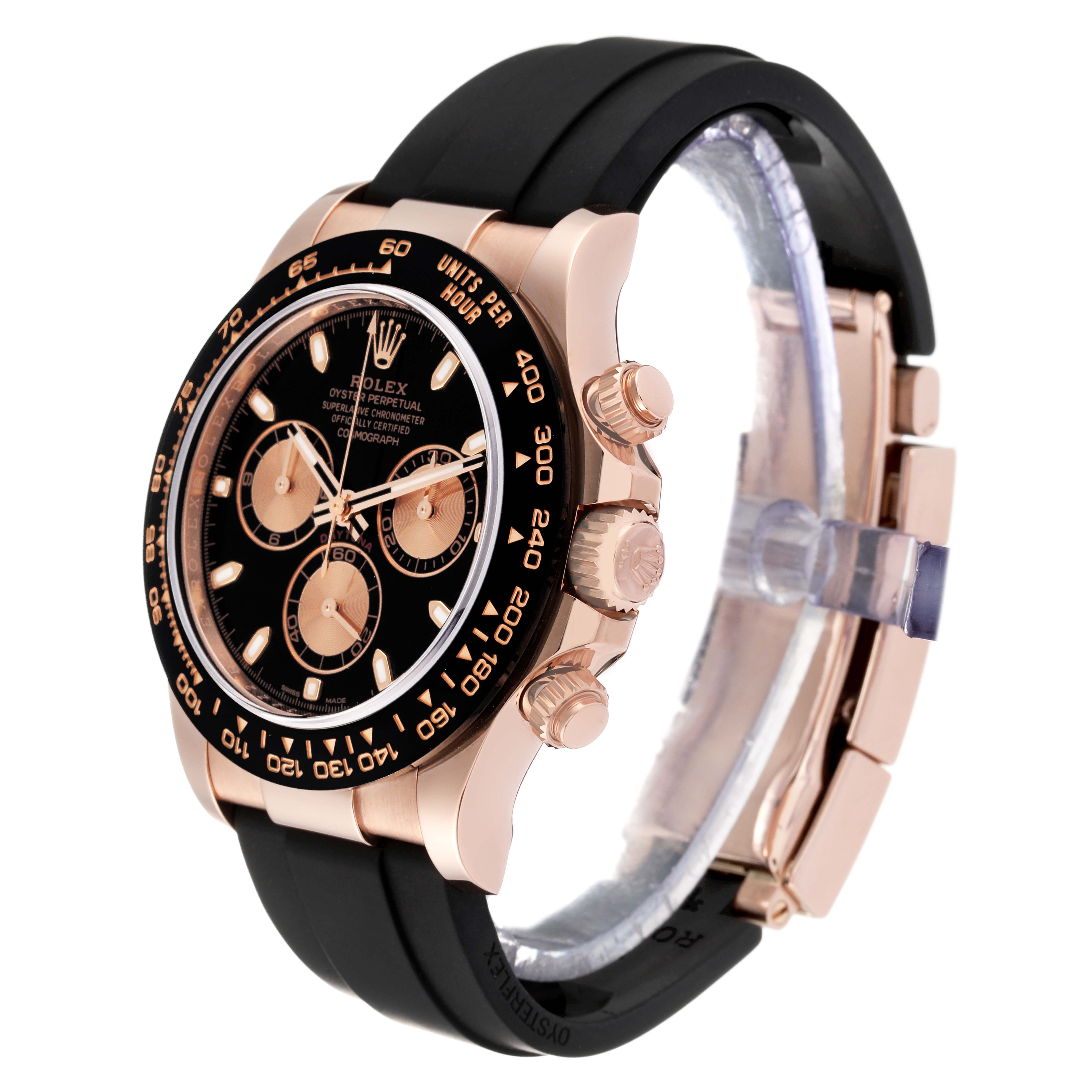 The image shows a side angle of a Rolex Daytona 116515 Men's Rose Gold Black Dial 116515 Men's Rose Gold Black Dial watch, highlighting the dial, bezel, pushers, and band.