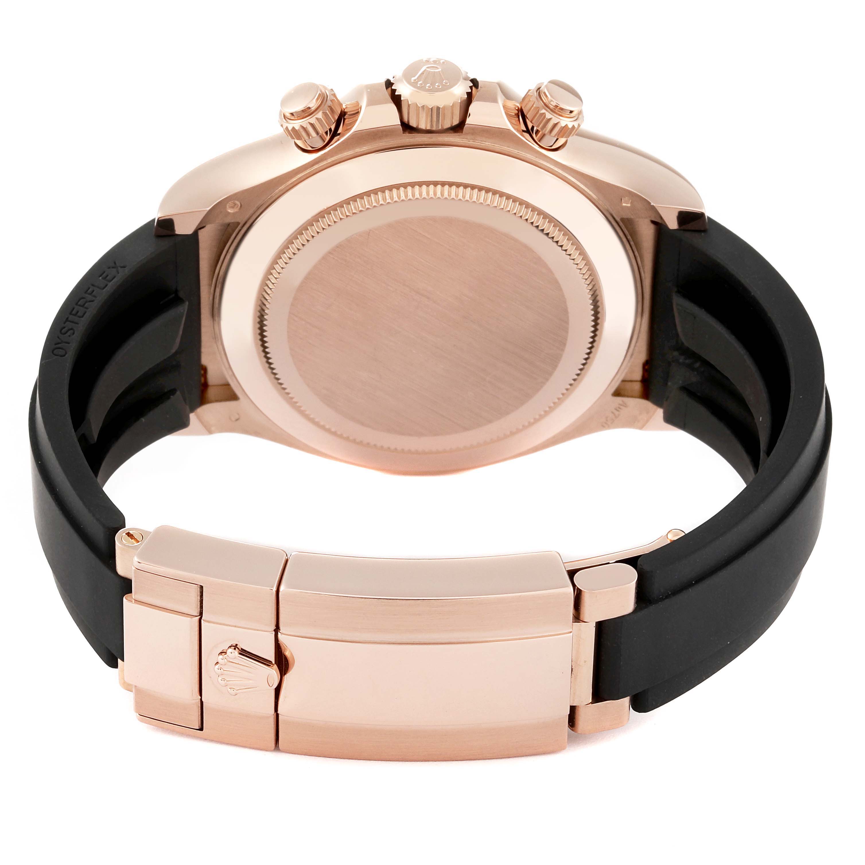 This image shows the back view of a Rolex Daytona 116515 Men's Rose Gold Black Dial 116515 Men's Rose Gold Black Dial watch, highlighting the case, crown, pushers, and black Oysterflex strap.