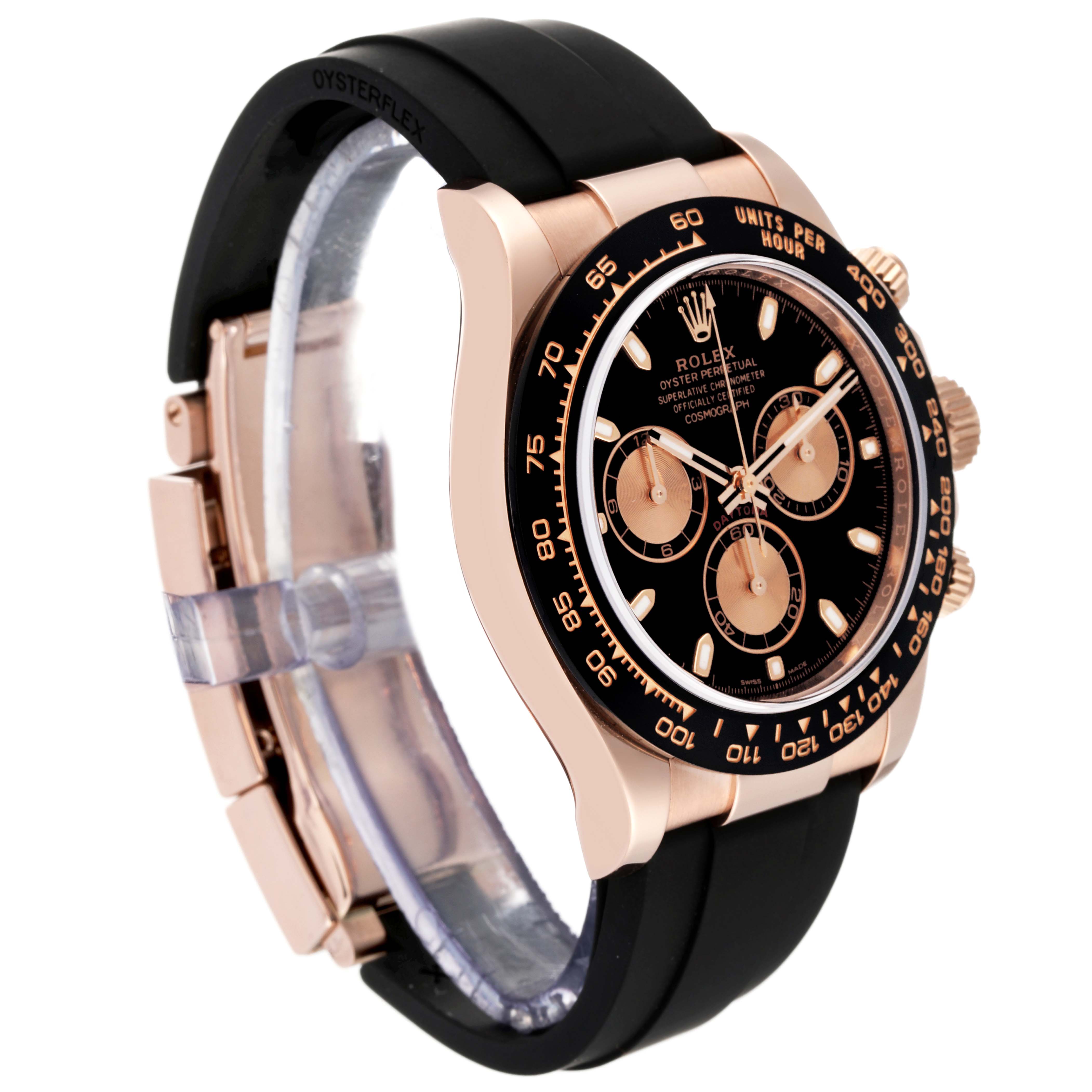 The Rolex Daytona 116515 Men's Rose Gold Black Dial 116515 Men's Rose Gold Black Dial watch is shown at a slight angle, displaying the face, bezel, and part of the rubber strap.