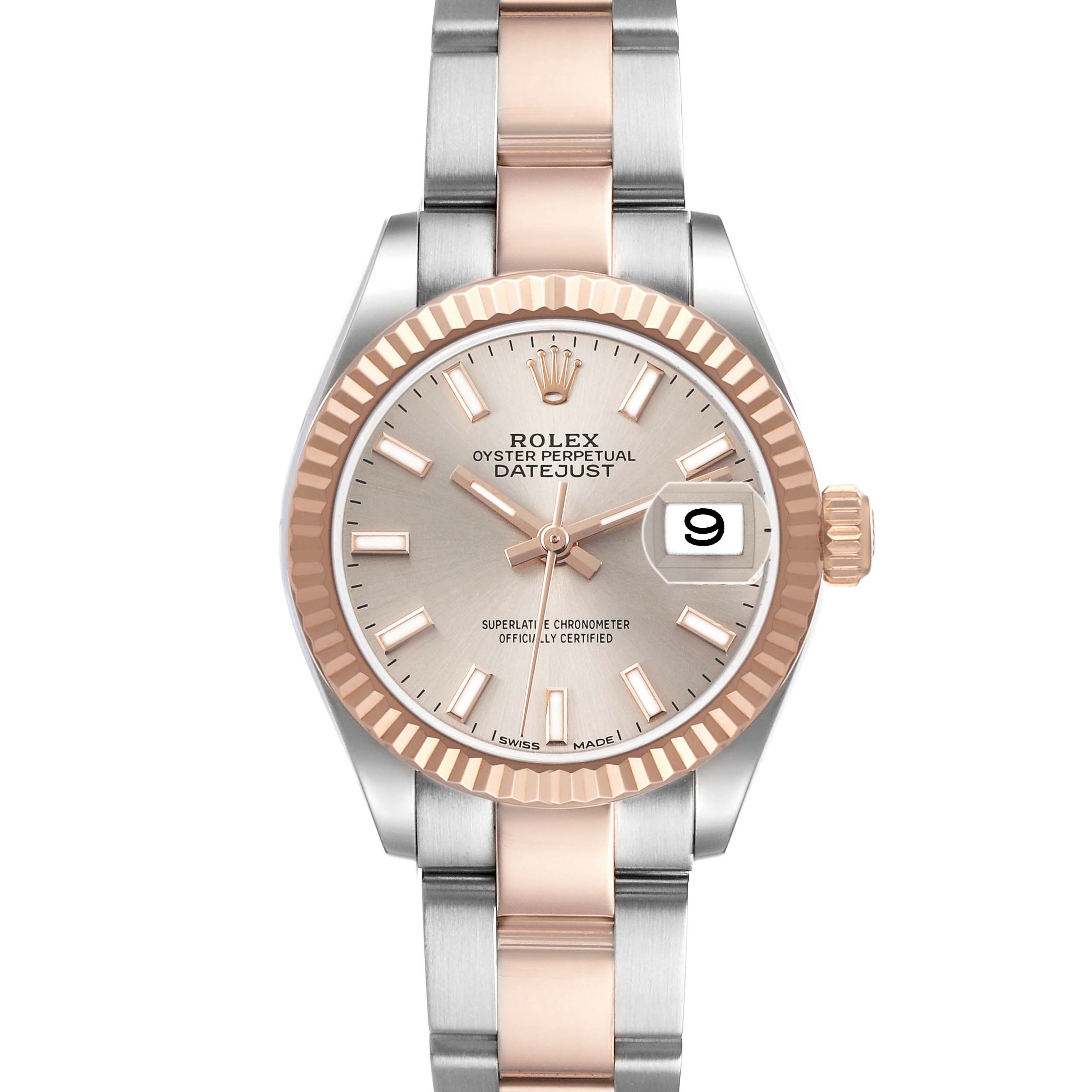 The Rolex Datejust 279171 Women's Steel and Gold (two tone) Pink Dial is shown from a front angle, displaying its dial, bezel, and bracelet.