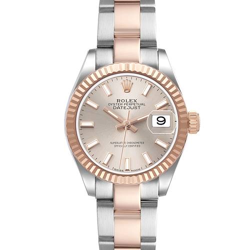The Rolex Datejust 279171 Women's Steel and Gold (two tone) Pink Dial watch is shown from a front angle, highlighting the dial, bezel, bracelet, and date window.
