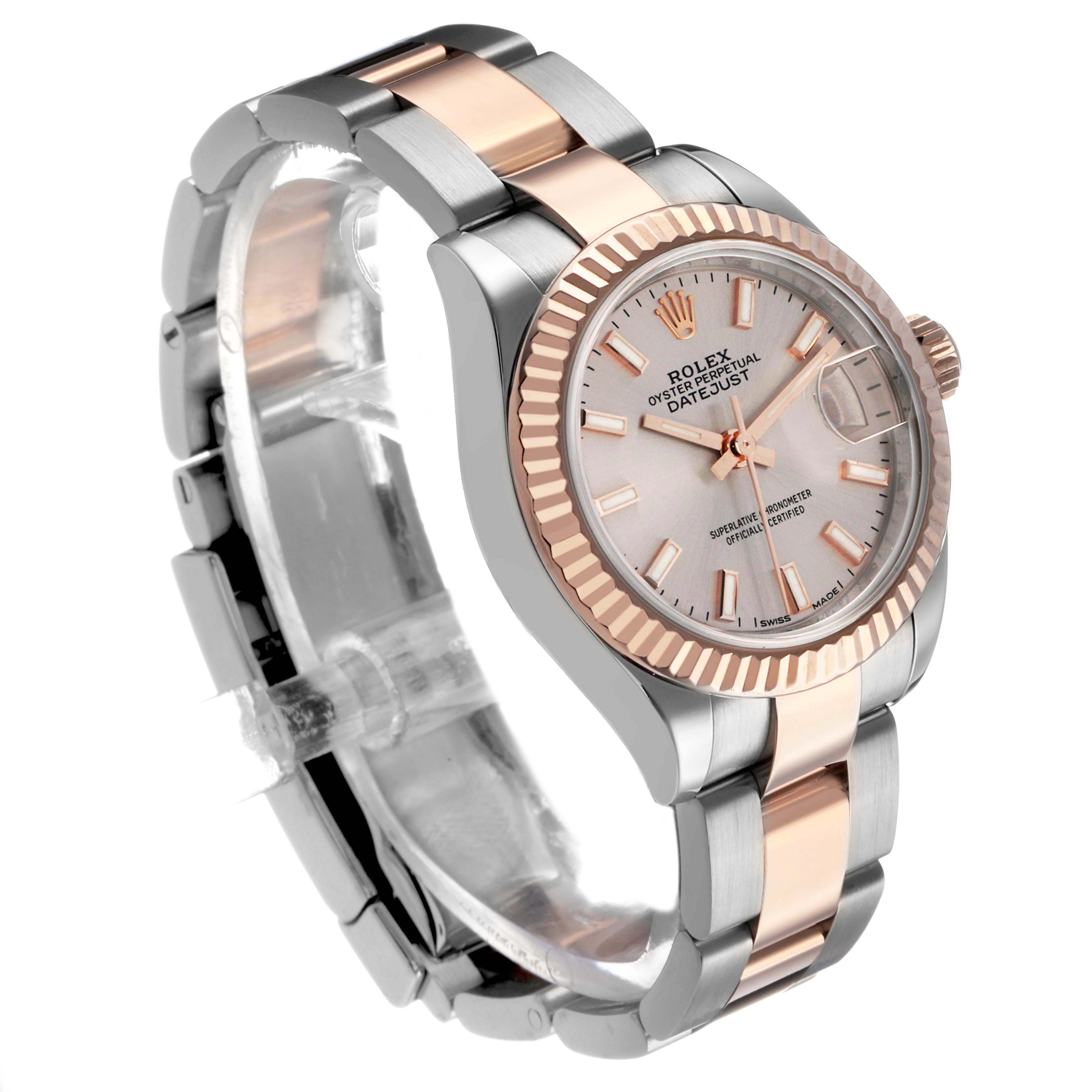 The Rolex Datejust 279171 Women's Steel and Gold (two tone) Pink Dial watch is shown at a three-quarter angle, highlighting the face, bezel, and bracelet.