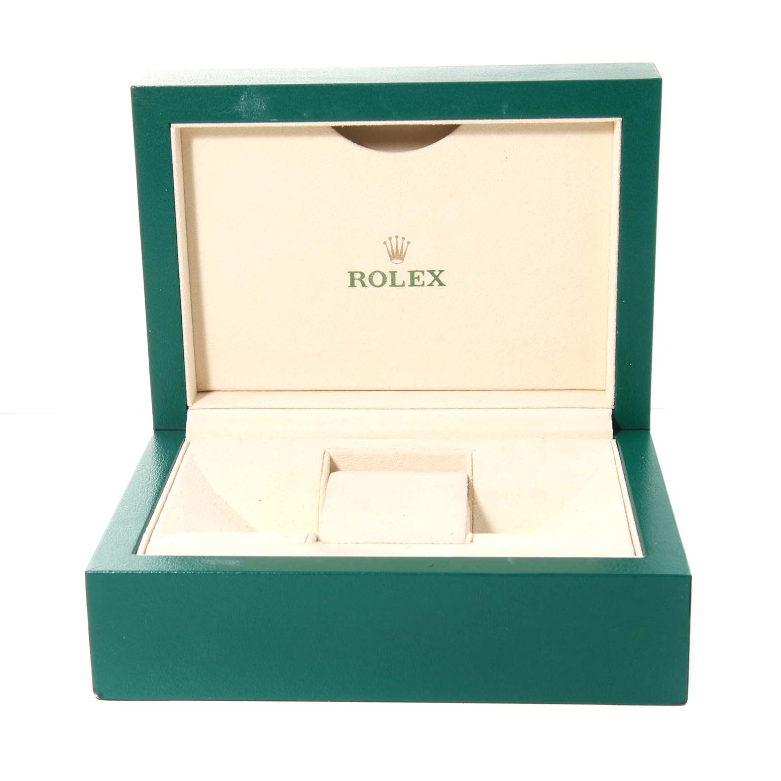 The image shows an open Rolex Datejust 279171 Women's Steel and Gold (two tone) Pink Dial watch box from a front angle, revealing its interior.