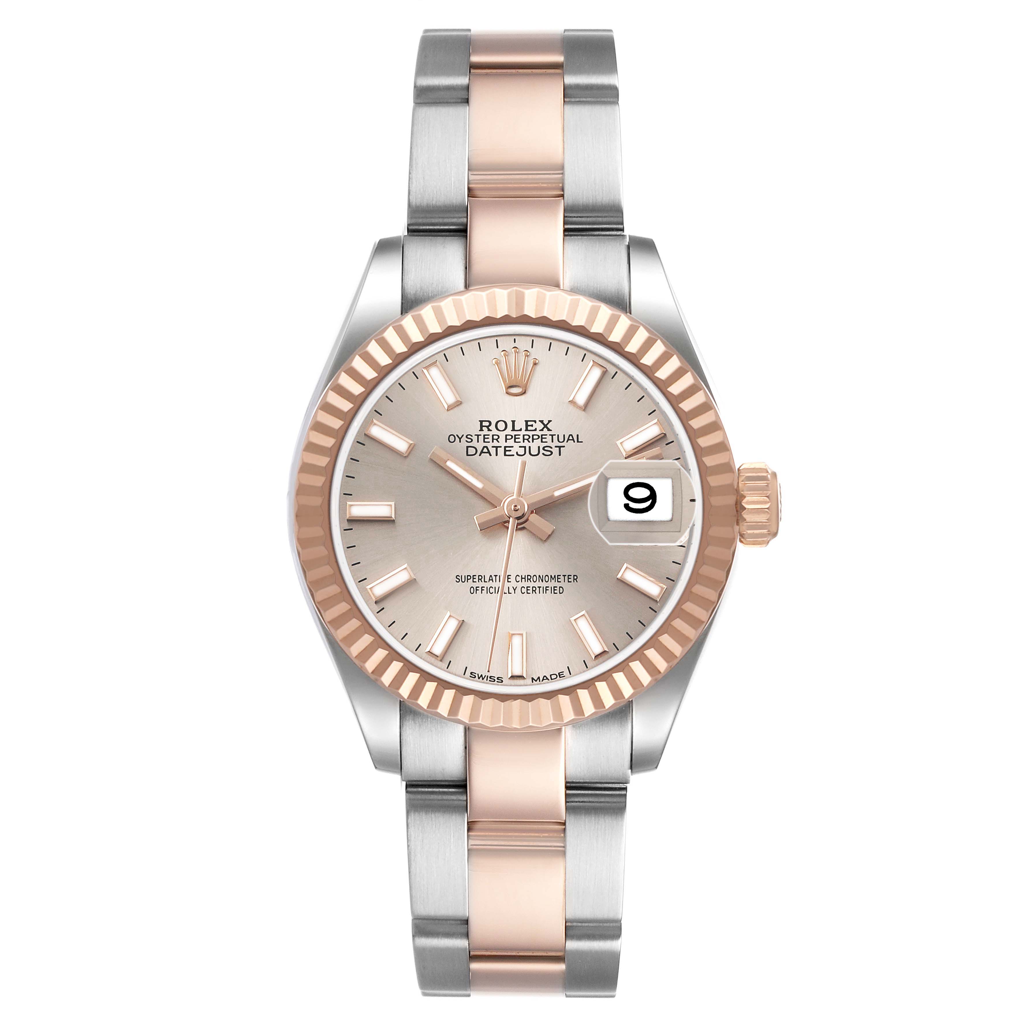 The Rolex Datejust 279171 Women's Steel and Gold (two tone) Pink Dial watch is shown from a top-down angle, displaying the dial, bezel, and the two-tone bracelet.