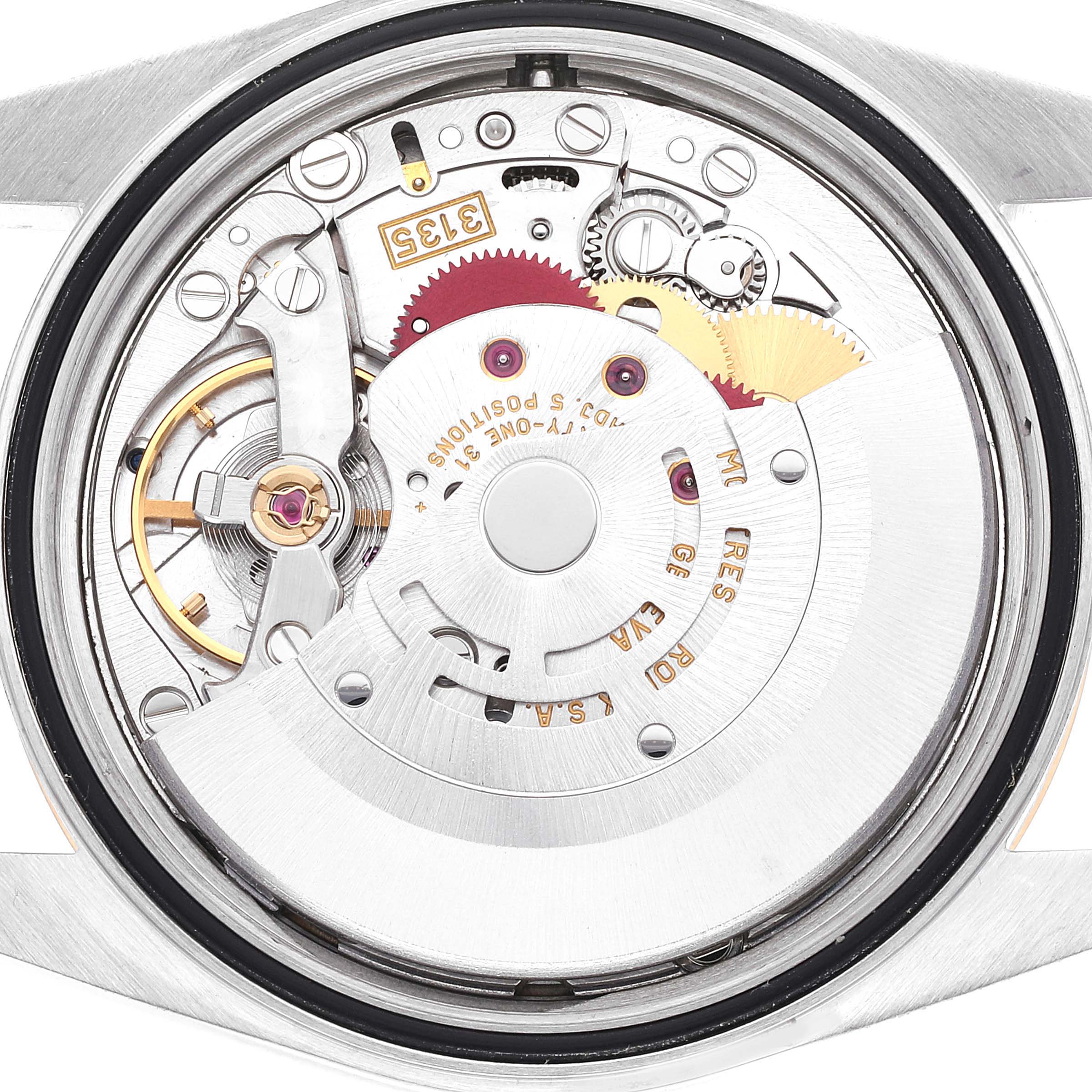 This image shows the internal movement mechanism of the Rolex Datejust 16233 Men's Steel and Gold (two tone) Blue Dial 16233 Men's Steel and Gold (two tone) Blue Dial watch from a direct, top-down angle.