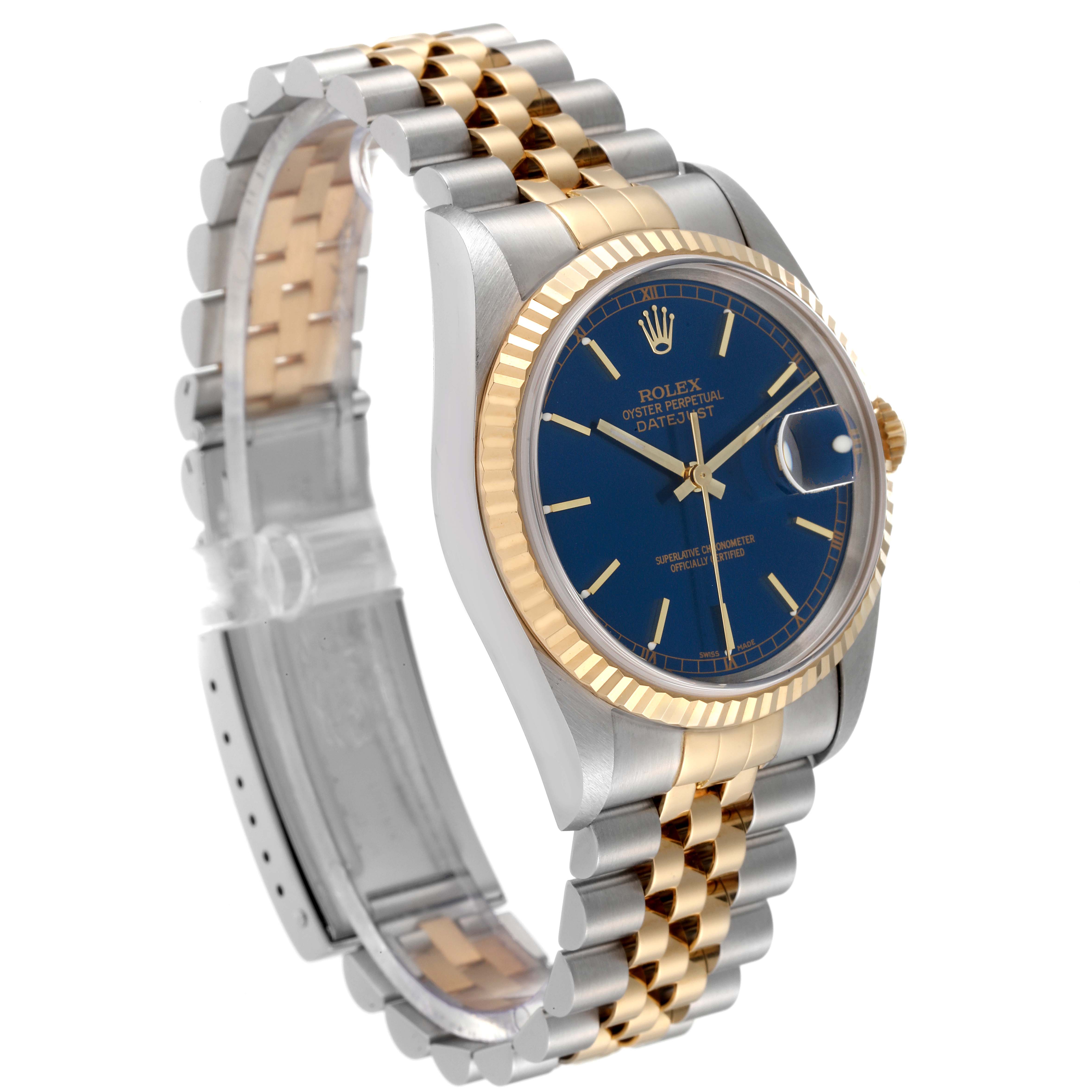 This image shows a Rolex Datejust 16233 Men's Steel and Gold (two tone) Blue Dial 16233 Men's Steel and Gold (two tone) Blue Dial watch at an angle displaying the face, bezel, and bracelet.