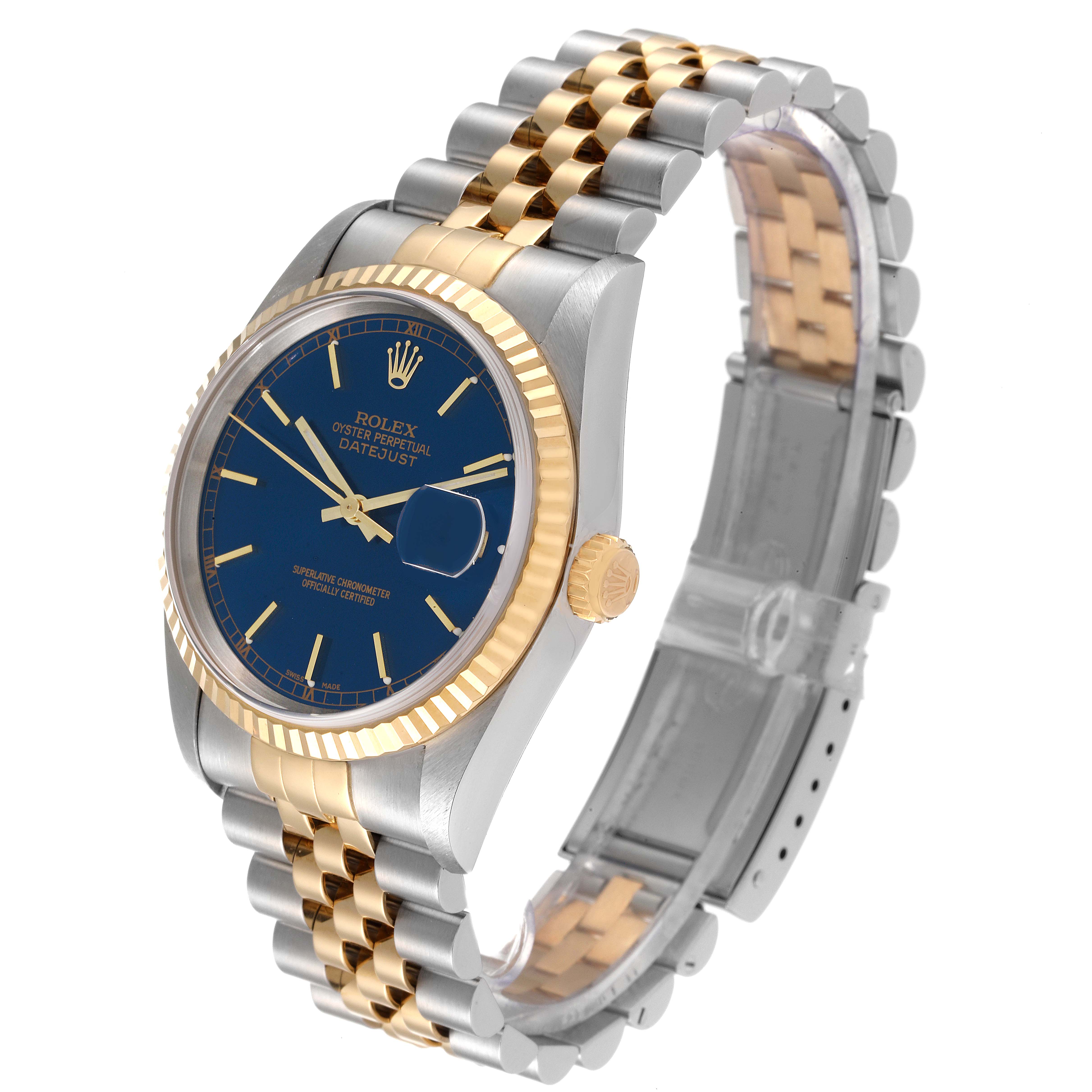 The Rolex Datejust 16233 Men's Steel and Gold (two tone) Blue Dial 16233 Men's Steel and Gold (two tone) Blue Dial watch is shown at a three-quarter angle displaying its blue dial, gold bezel, and two-tone bracelet.
