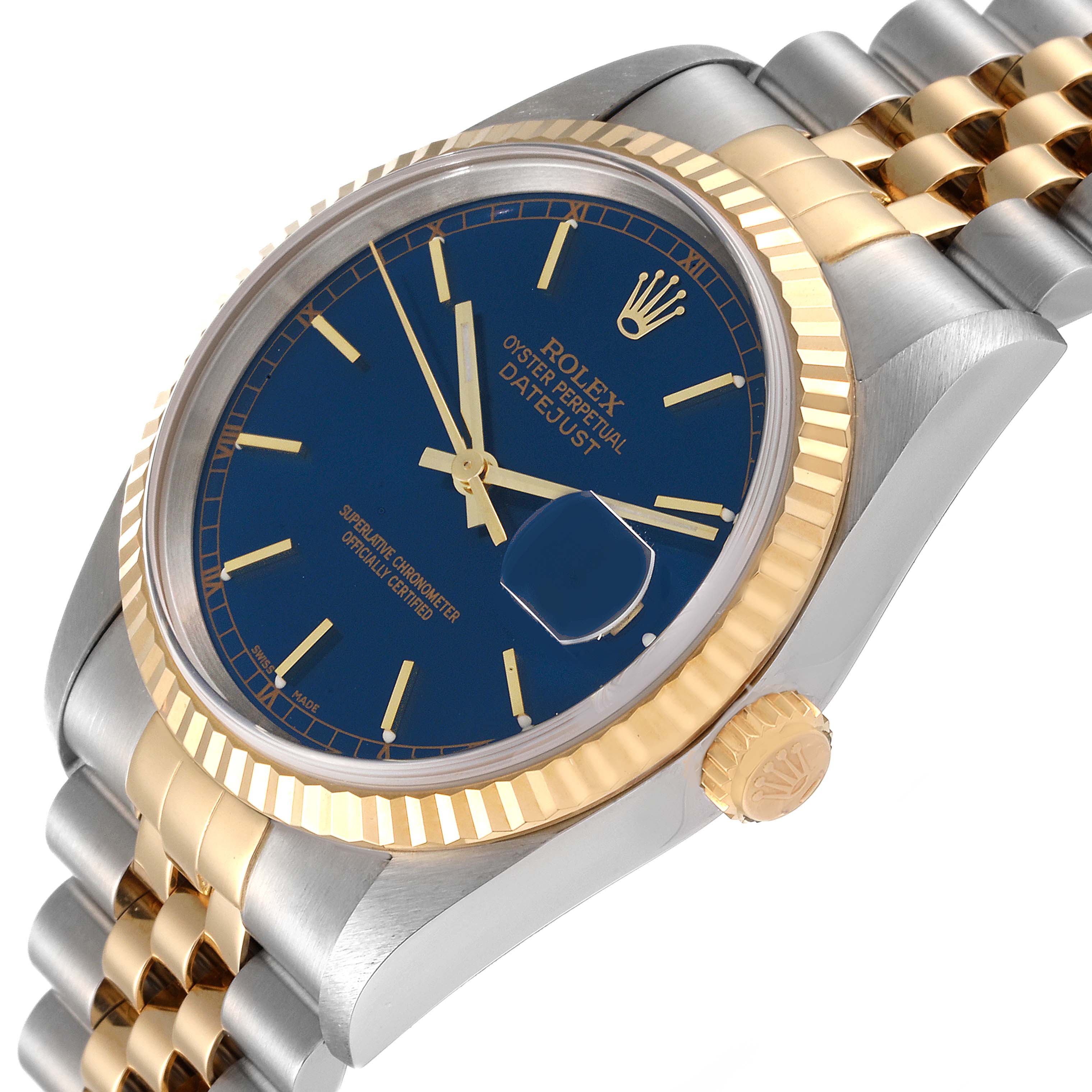 The image shows a side angle of a Rolex Datejust 16233 Men's Steel and Gold (two tone) Blue Dial 16233 Men's Steel and Gold (two tone) Blue Dial, highlighting its blue dial, fluted bezel, crown, and two-tone bracelet.