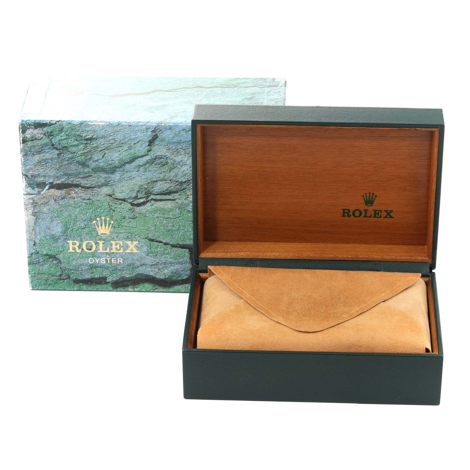 This image shows a Rolex Datejust 16233 Men's Steel and Gold (two tone) Blue Dial 16233 Men's Steel and Gold (two tone) Blue Dial watch box and protective cover, with an outer green box and an inner wooden box.