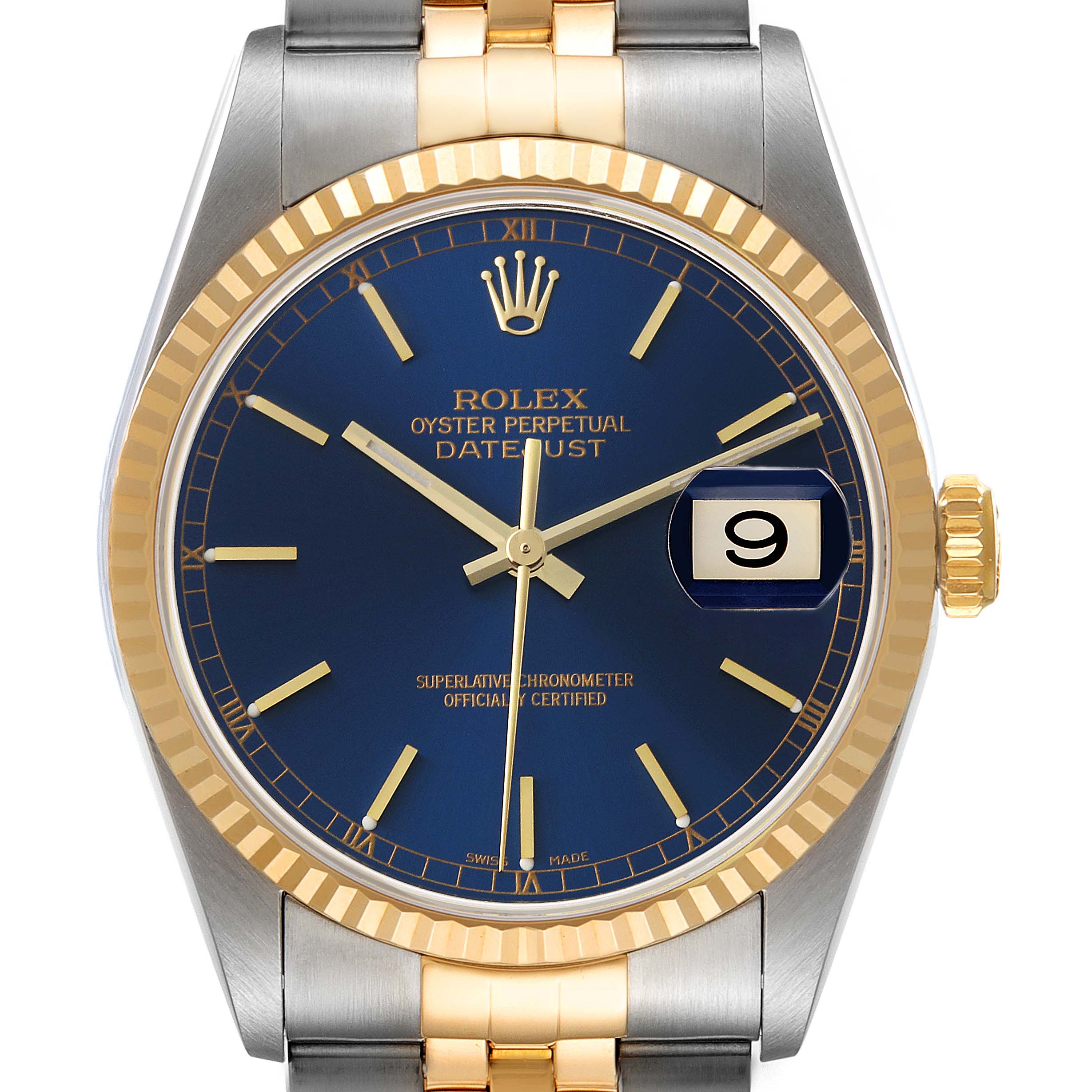 The image shows a front view of the Rolex Datejust 16233 Men's Steel and Gold (two tone) Blue Dial 16233 Men's Steel and Gold (two tone) Blue Dial watch, highlighting its blue dial, date window, and two-tone bracelet.