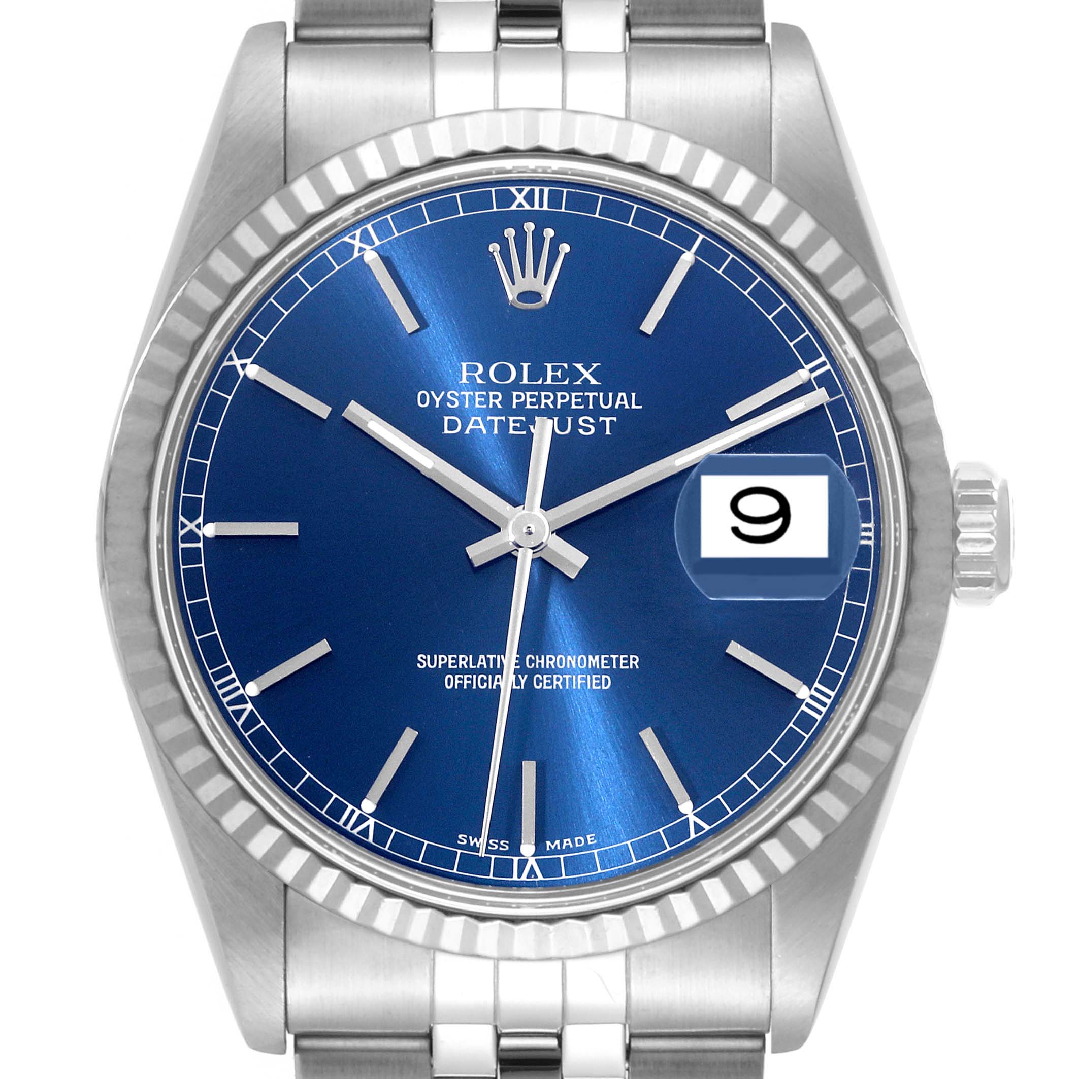 The image shows a front view of a Rolex Datejust 16234 Men's Stainless Steel Blue Dial 16234 Men's Stainless Steel Blue Dial watch with a blue dial and silver bracelet.