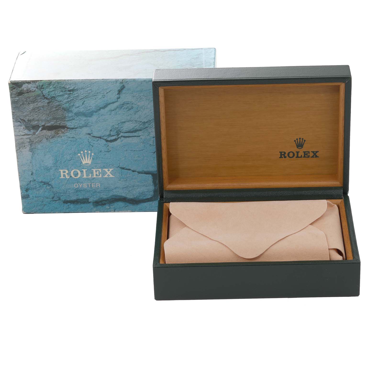 The image shows a Rolex Datejust 16234 Men's Stainless Steel Blue Dial 16234 Men's Stainless Steel Blue Dial watch box with the lid open, revealing the inner packaging, next to its outer box.