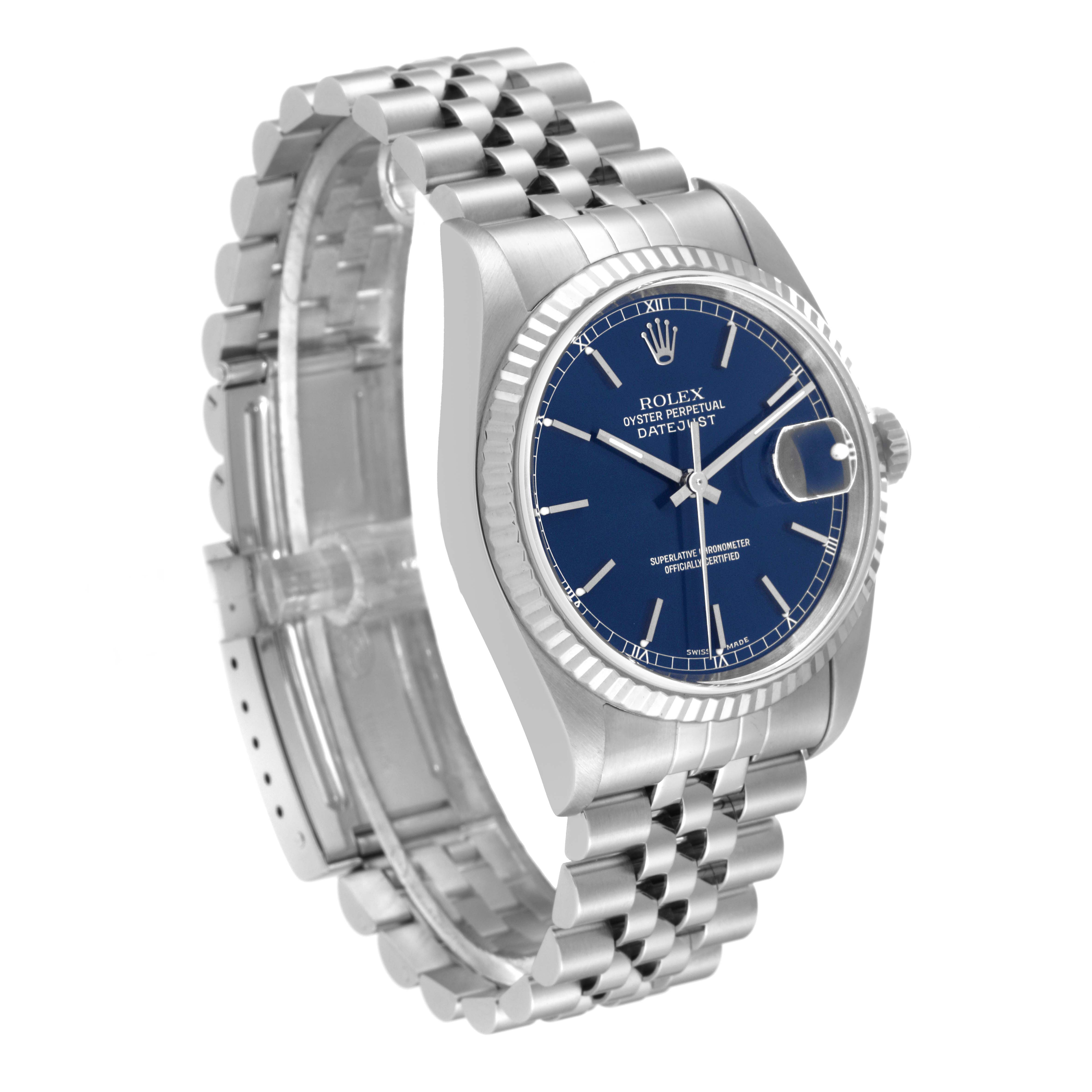 The Rolex Datejust 16234 Men's Stainless Steel Blue Dial 16234 Men's Stainless Steel Blue Dial watch is shown at a three-quarter angle, displaying the blue dial, fluted bezel, and Jubilee bracelet.