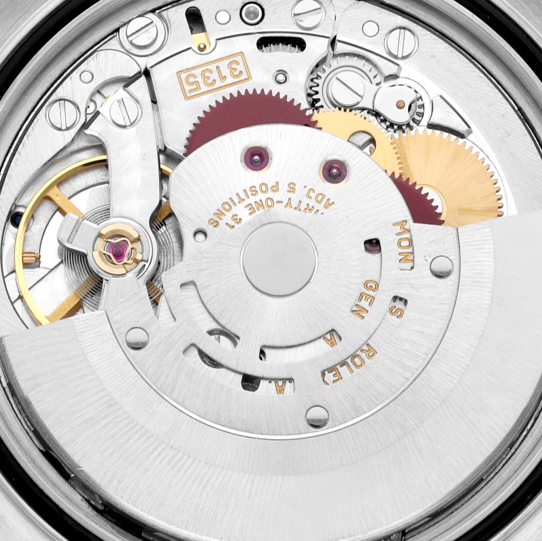 The image shows a close-up view of the Rolex Datejust 16234 Men's Stainless Steel Blue Dial 16234 Men's Stainless Steel Blue Dial watch movement, highlighting its intricate components and engraving.