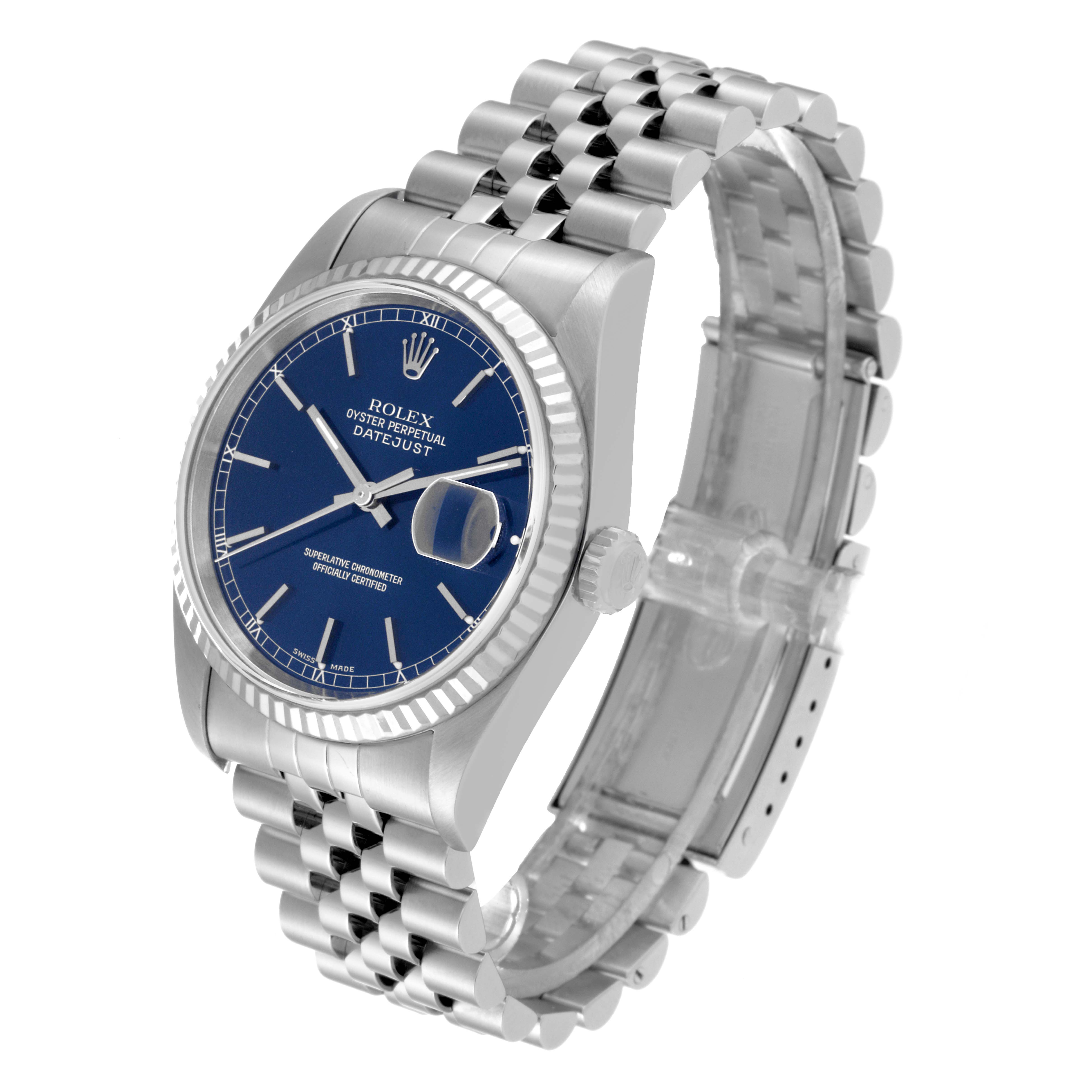The image shows a Rolex Datejust 16234 Men's Stainless Steel Blue Dial 16234 Men's Stainless Steel Blue Dial watch at a three-quarter angle highlighting the face, bezel, crown, and bracelet.