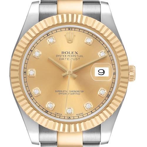 The Rolex Datejust 41 116333 Men's Steel and Gold (two tone) Champagne Dial watch is shown from the front, highlighting the champagne dial, diamond hour markers, and fluted bezel.