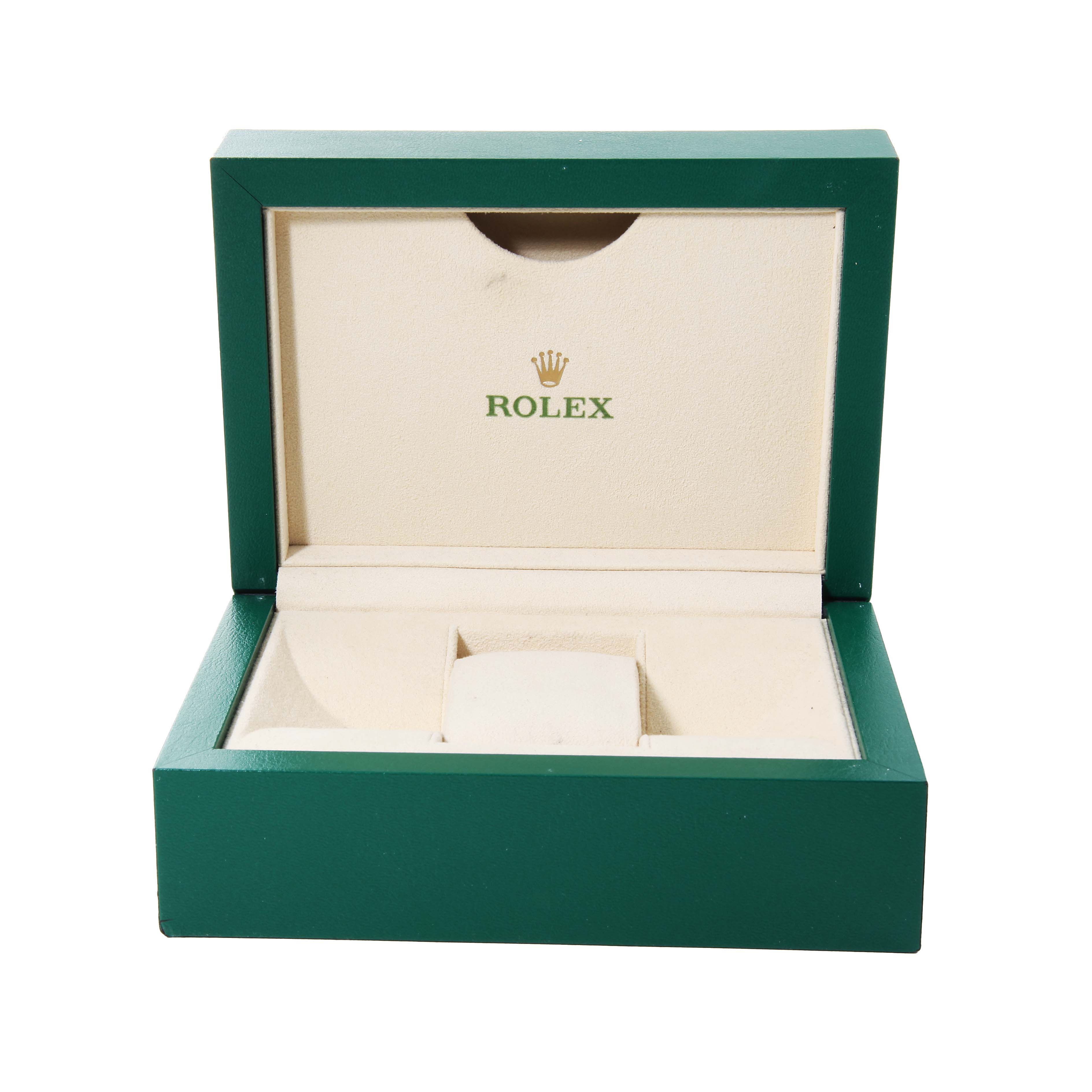 This image shows an open Rolex watch box for the Datejust 41 model, featuring the brand logo inside.